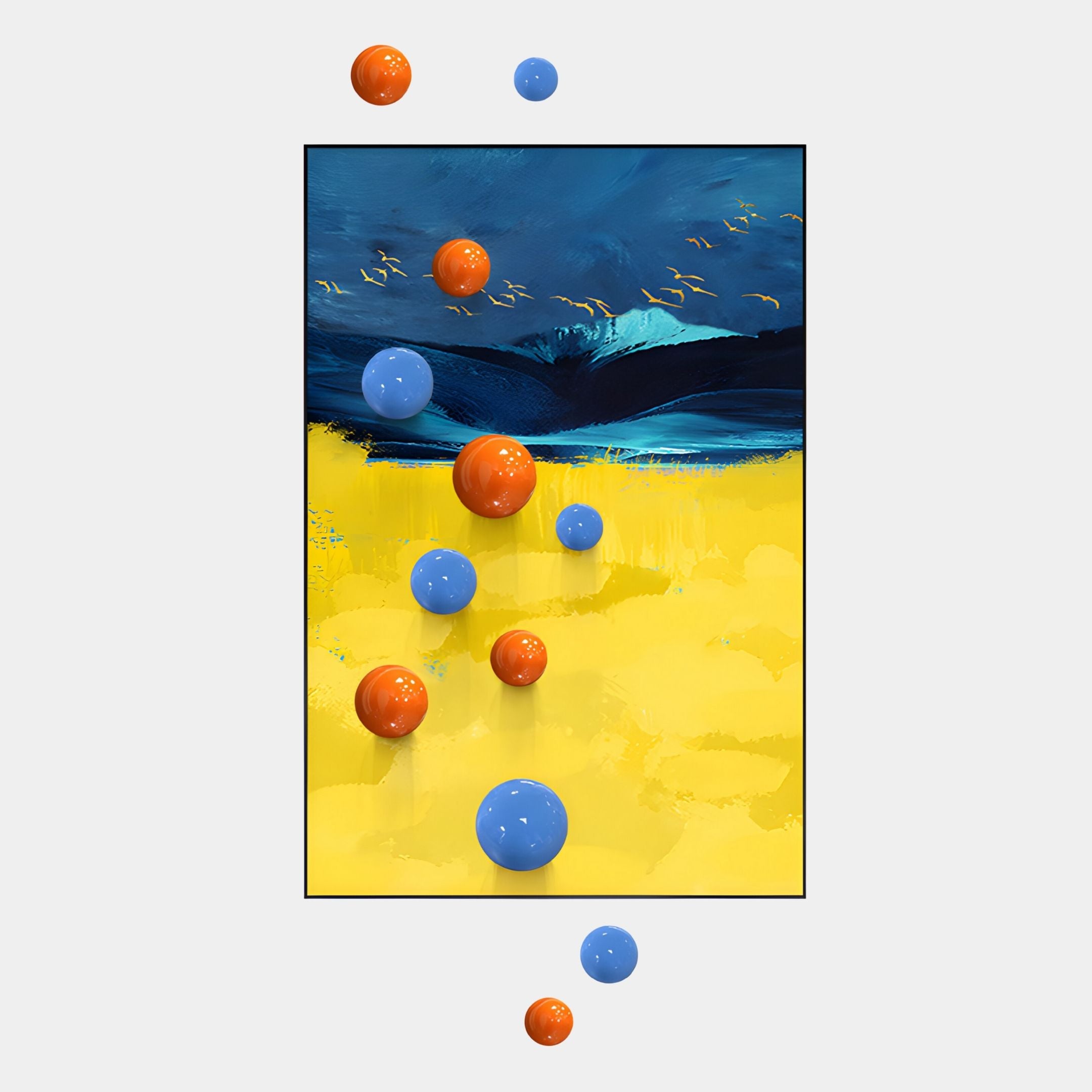 The Aerisphere Mountain Glow Vertical 3D Wall Art by Giant Sculptures showcases orange and blue metal balls floating within and outside a frame, set against a blue and yellow abstract mountain design on a crisp white background.