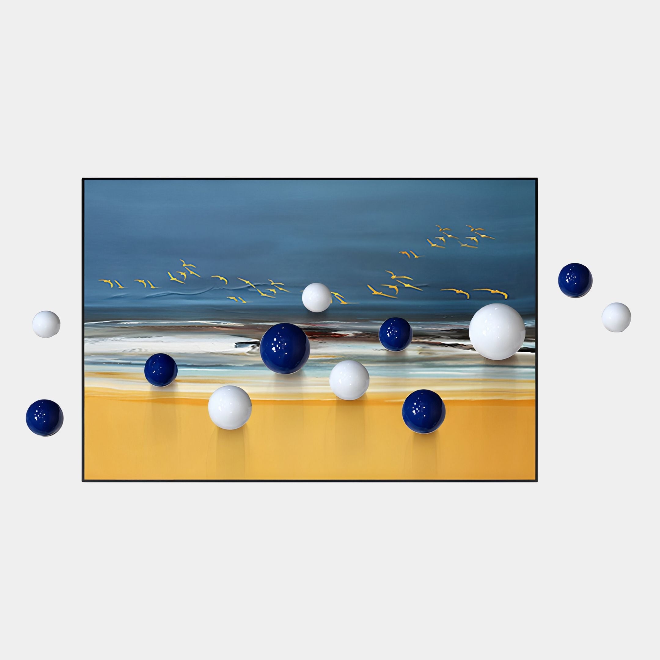 The Aerisphere Coastal Horizon 3D Wall Art by Giant Sculptures features a rectangular beach scene with blue sky and yellow sand, accented by 3D blue and white metal balls that create a striking focal point for modern interiors.