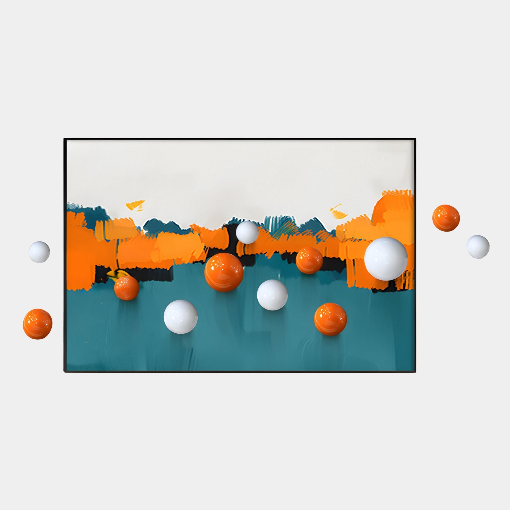 The Aerisphere Abstract Drift 3D Wall Art With Metal Balls by Giant Sculptures features orange and teal paint, a white top, and 3D orange and white spheres for a dynamic modern look—ideal statement decor for contemporary homes.