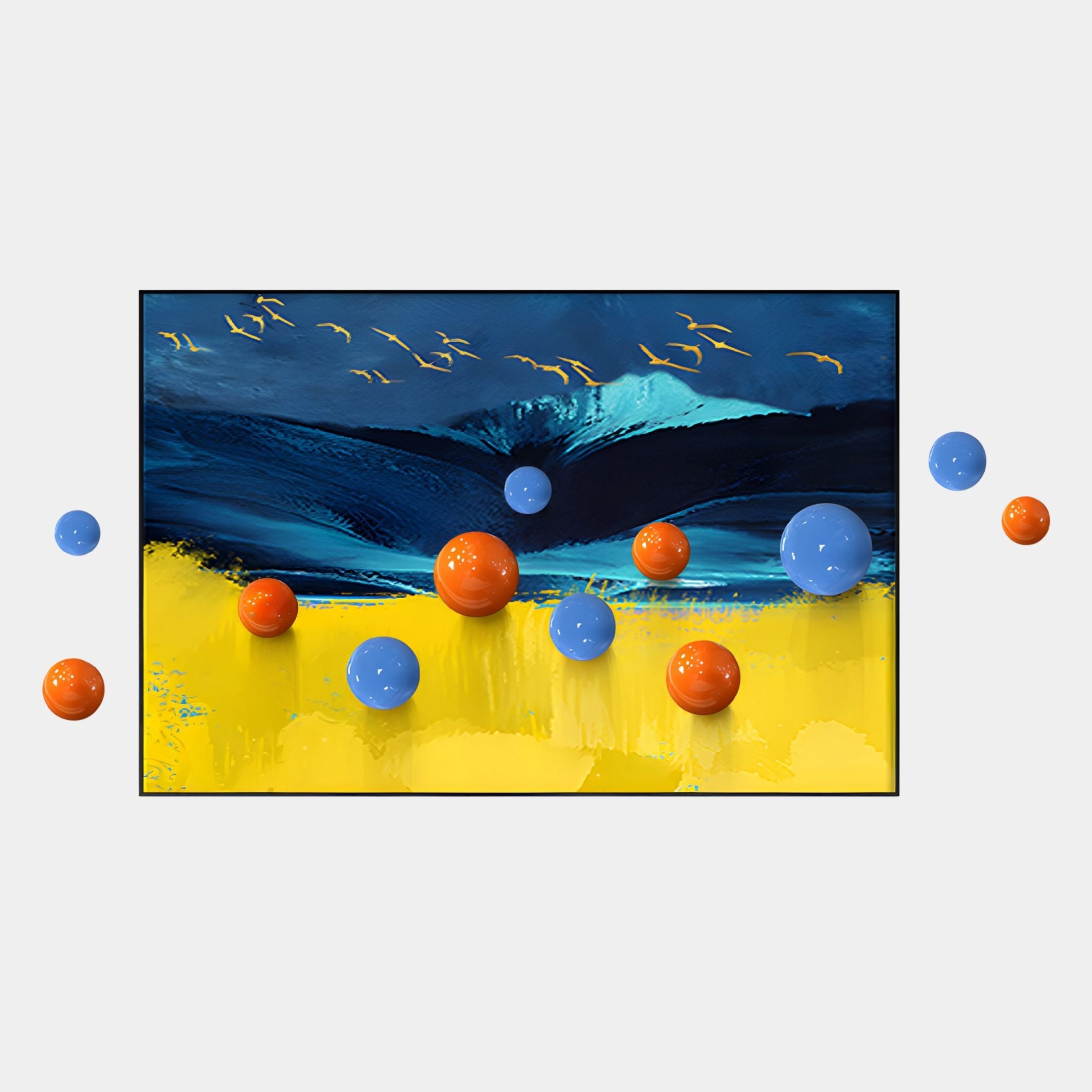 The Aerisphere Mountain Glow 3D Wall Art With Metal Balls by Giant Sculptures features blue and yellow landscapes, birds in flight, and 3D blue and orange spheres—ideal for adding a creative touch to contemporary interiors.
