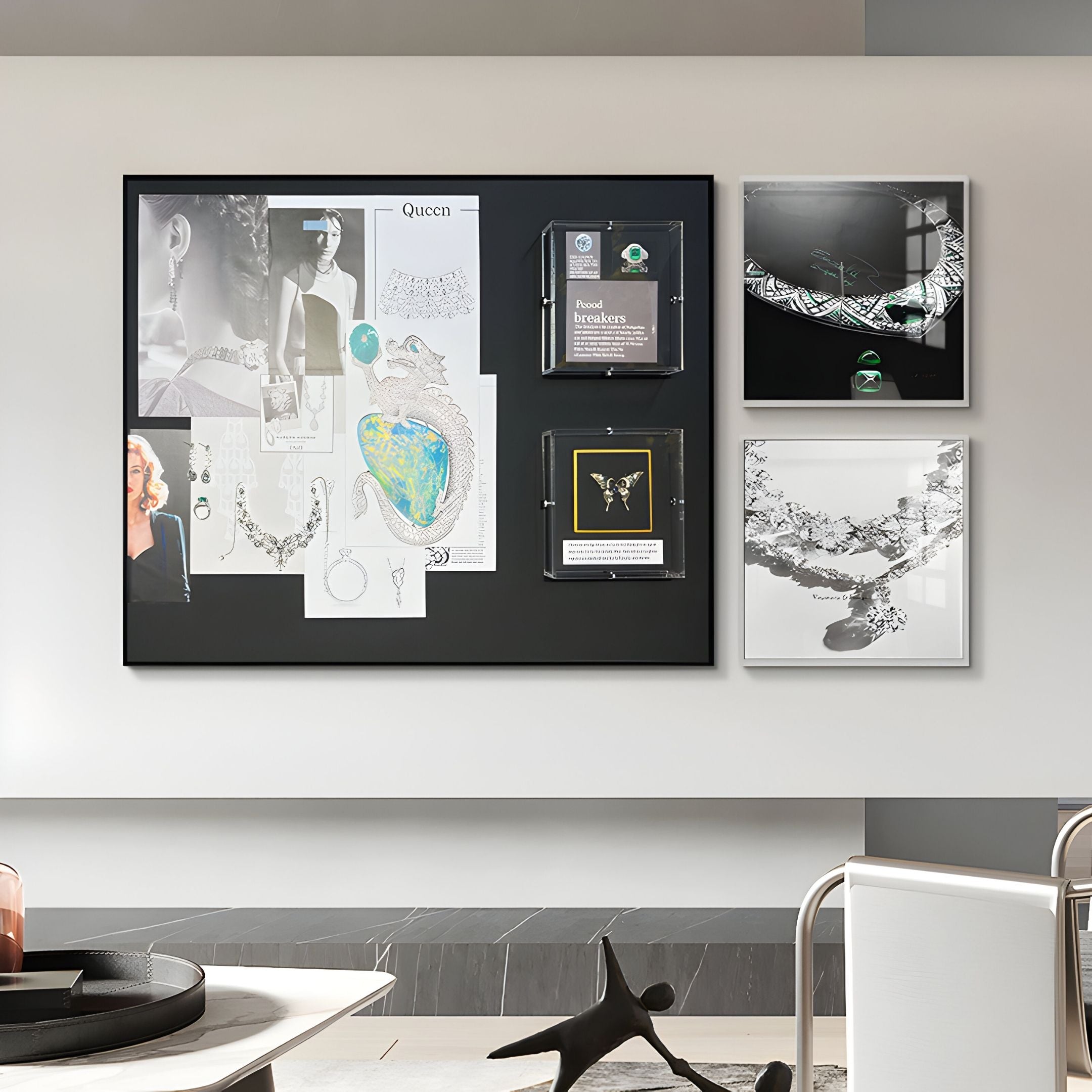 The Gemcraft Archive Sketch & Jewel Design Storyboard Wall Art by Giant Sculptures displays framed jewelry design sketches, plans, and photos in a grid above a minimalist black mantle, adding style to any contemporary room.