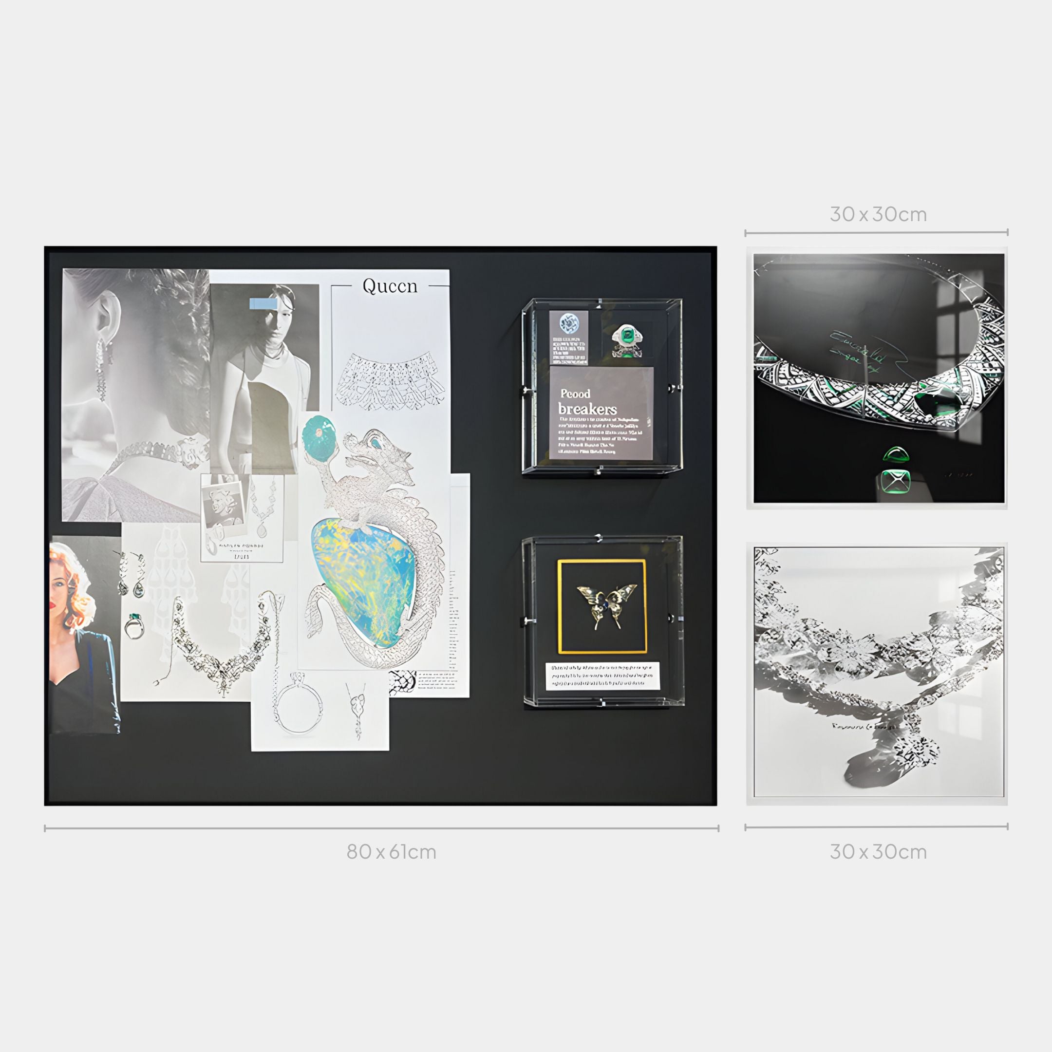 The Gemcraft Archive Sketch & Jewel Design Storyboard Wall Art by Giant Sculptures displays jewellery design sketches, women wearing pieces, luxury crafts in clear cases, and labeled storyboard images of necklaces with precise dimensions.