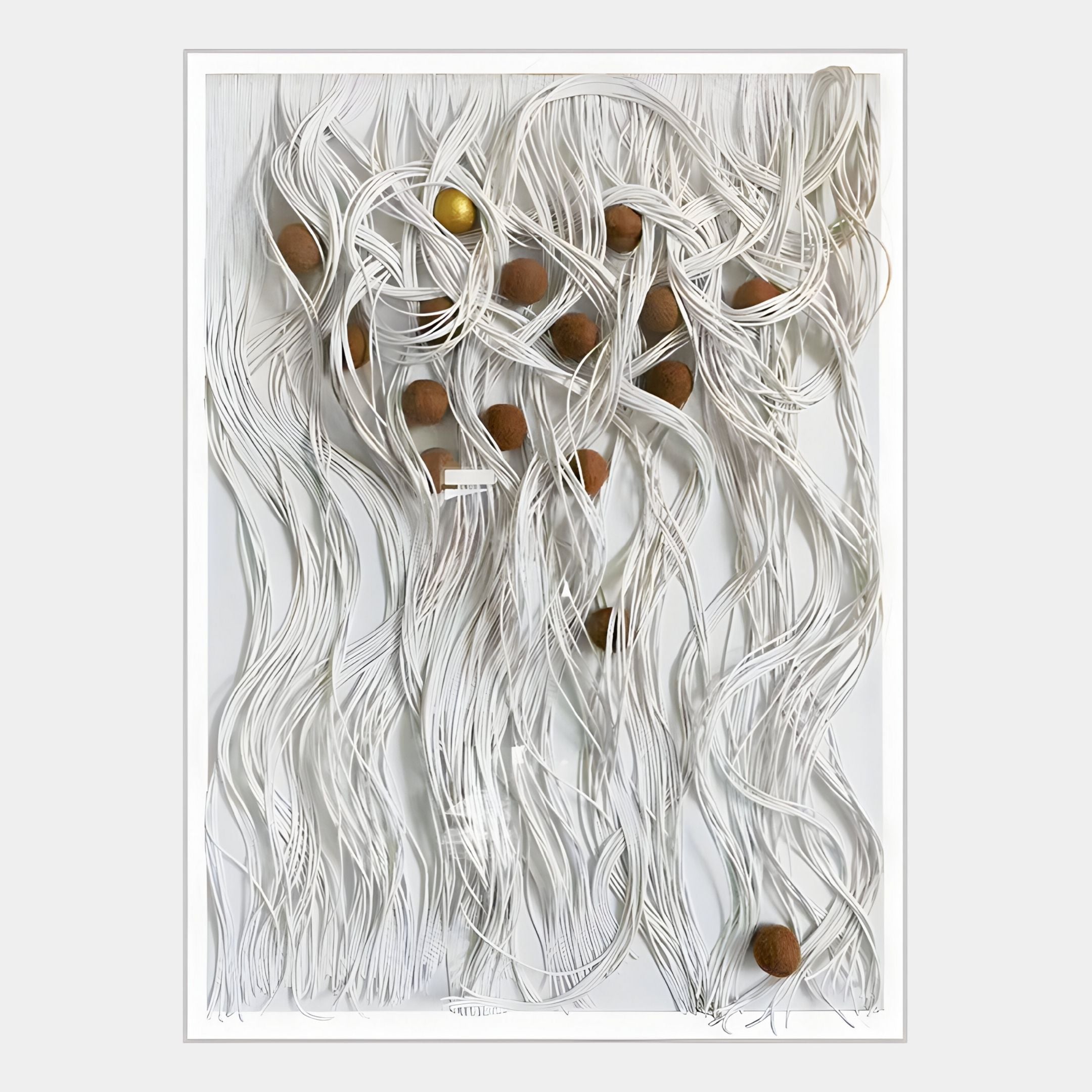 The Strandeva White Weave & Walnut Sphere 3D Layered Wall Art by Giant Sculptures features textured, wavy white layers with walnut and gold spheres on a white background, offering modern sculptural wall decor with dynamic movement.