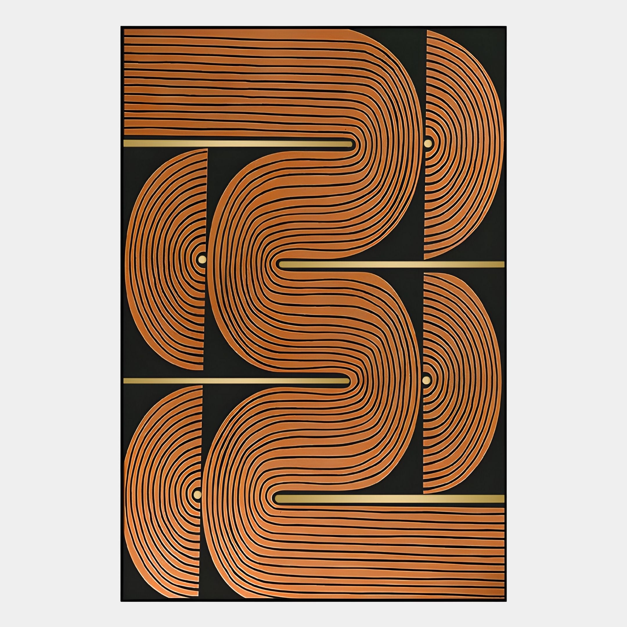Curvanta Brown Loop Geometric 3D Wall Art by Giant Sculptures features curved, parallel orange lines forming symmetrical shapes on a black background, creating a modern statement with dynamic movement and flowing, repeating patterns.
