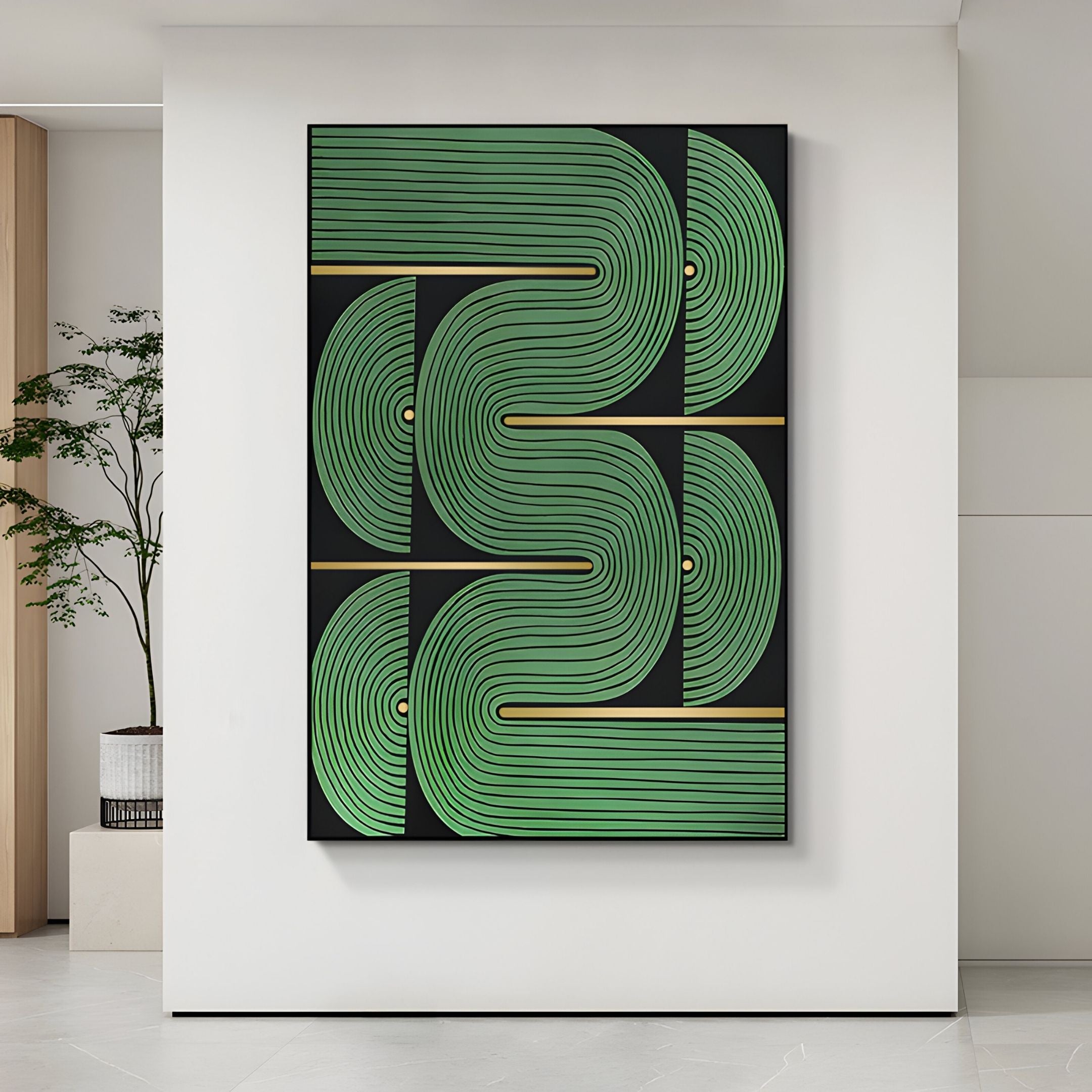 The Curvanta Green Loop Geometric 3D Wall Art by Giant Sculptures, featuring curved green lines and gold accents on black, hangs on a white wall in a modern room with a potted plant in the corner.