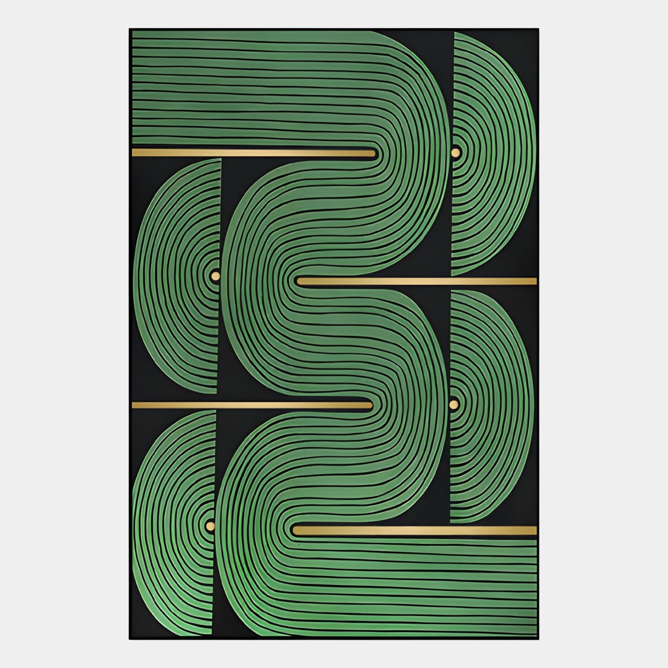 The Curvanta Green Loop Geometric 3D Wall Art by Giant Sculptures displays green curved lines with gold accents forming symmetrical, maze-like patterns on a black background for a harmonious, structured look.