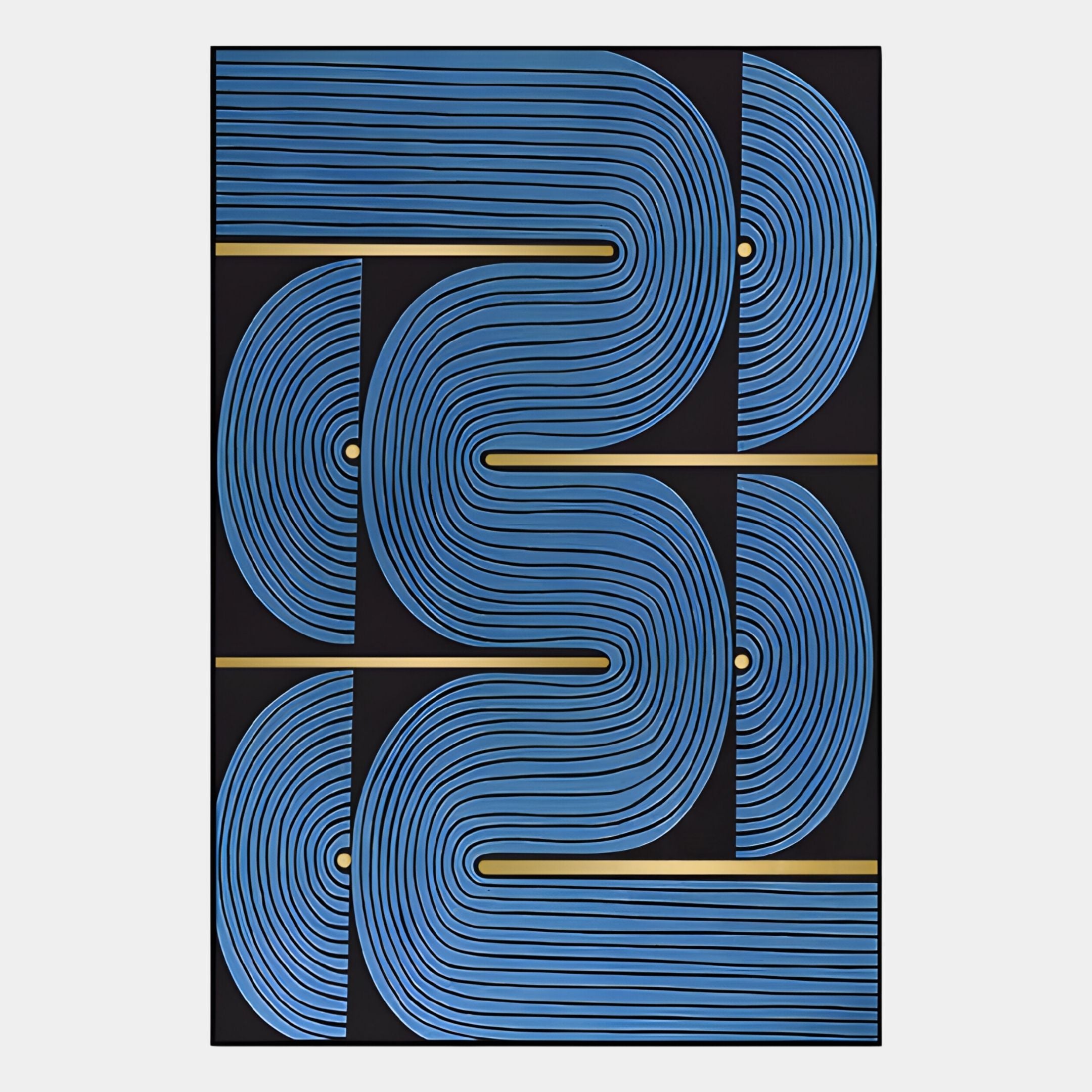 Curvanta Blue Loop Geometric 3D Wall Art by Giant Sculptures features curved blue lines forming wave shapes with intersecting gold lines on black, creating bold geometric contrast—perfect for modern spaces.