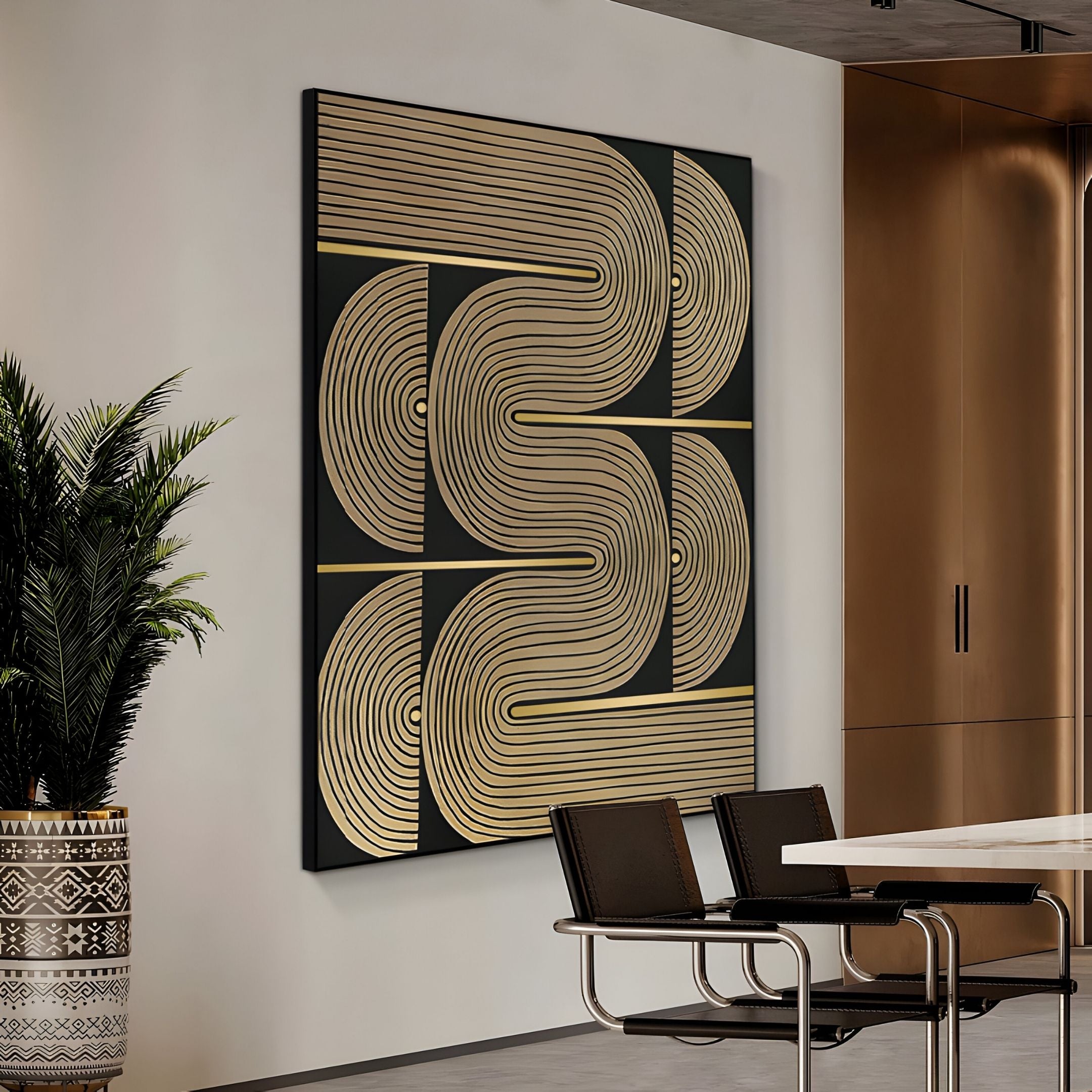 The Curvanta Bronze Loop Geometric 3D Wall Art by Giant Sculptures, featuring bold gold curves on black, hangs in a modern office near a plant, conference table, and black chairs—an eye-catching geometric statement piece.
