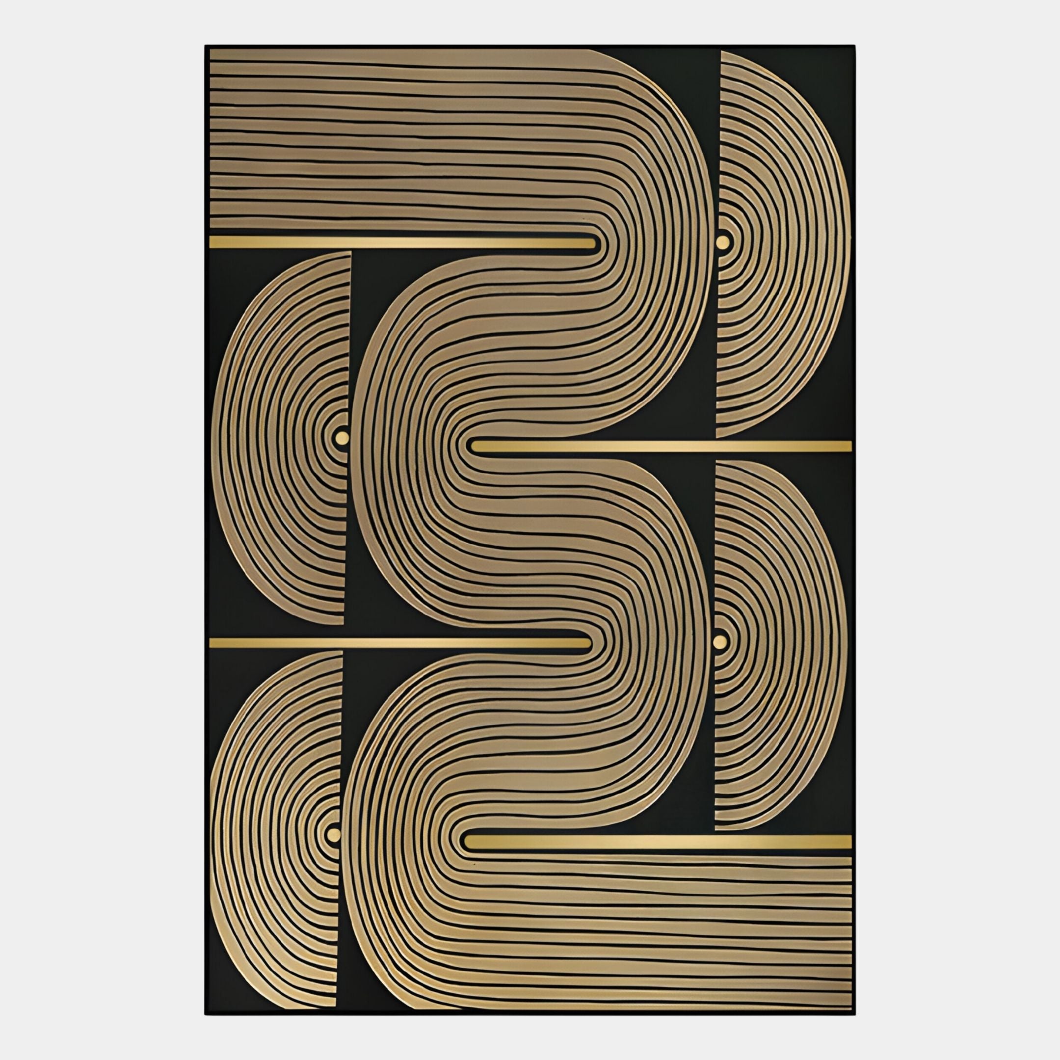 The Curvanta Bronze Loop Geometric 3D Wall Art by Giant Sculptures features gold curves and straight lines forming symmetrical, wave-like geometric patterns on black for a striking modern statement piece.