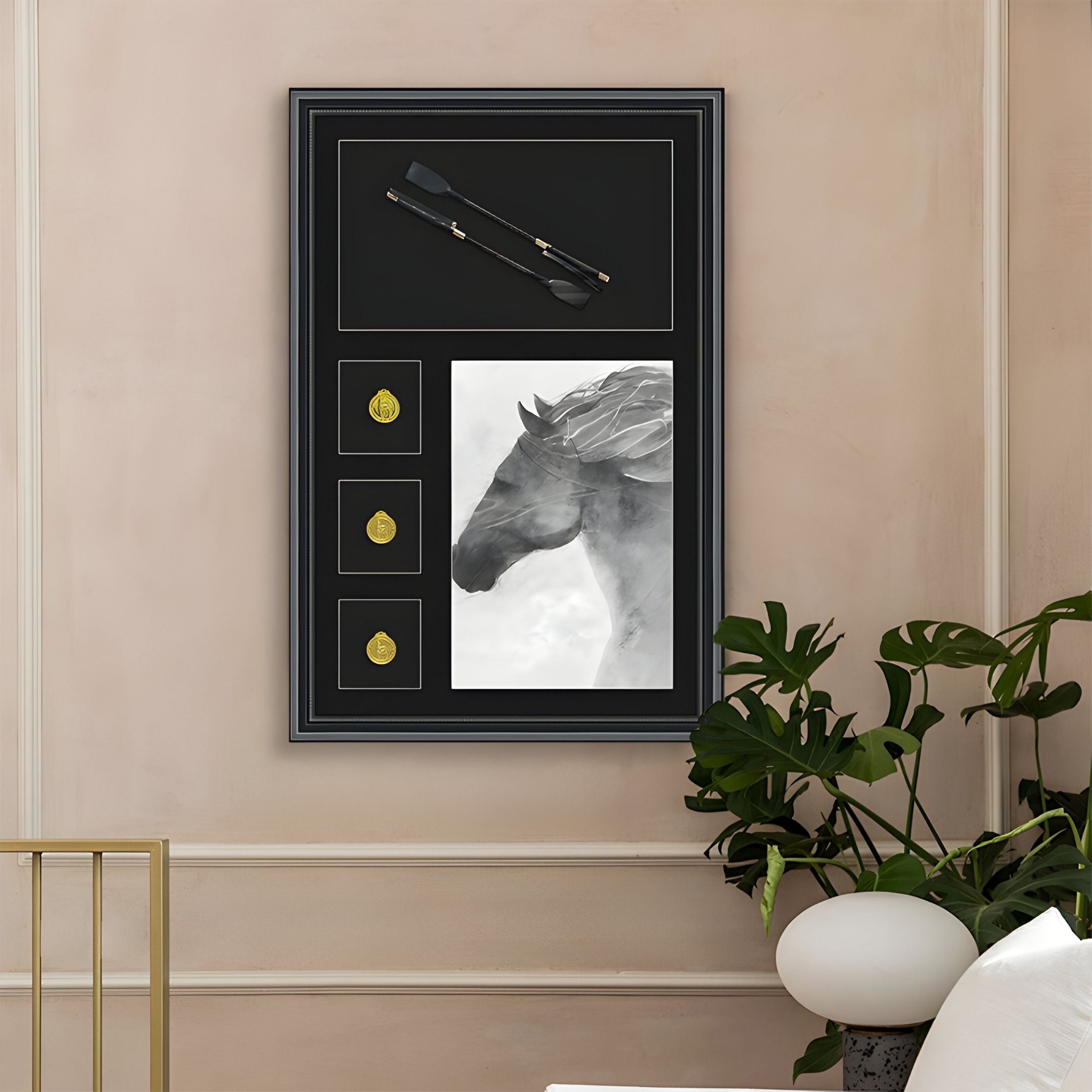 The Curatoria Equestrian Emblem & Horse Portrait Framed Wall Art by Giant Sculptures features a grayscale horse with gold teardrop accents and a black whip, adding elegant equestrian style above your decor.