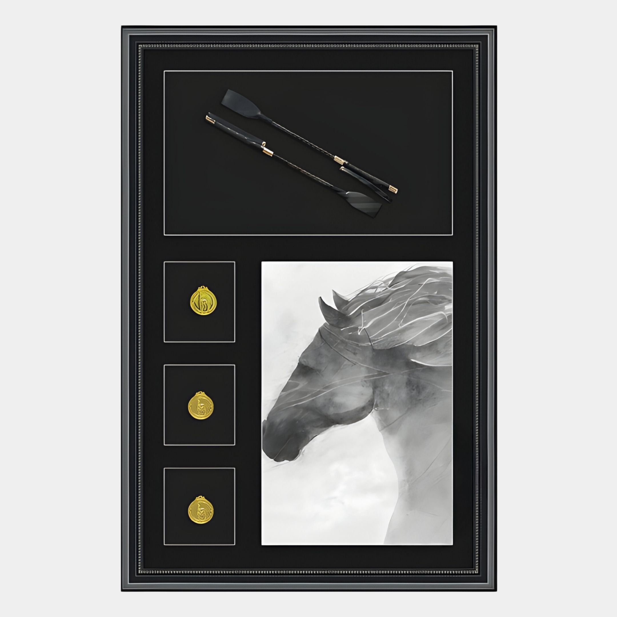 The Curatoria Equestrian Emblem & Horse Portrait Framed Wall Art by Giant Sculptures displays a black riding crop, three gold medallions, and a grayscale horse portrait on a black background with a decorative border.