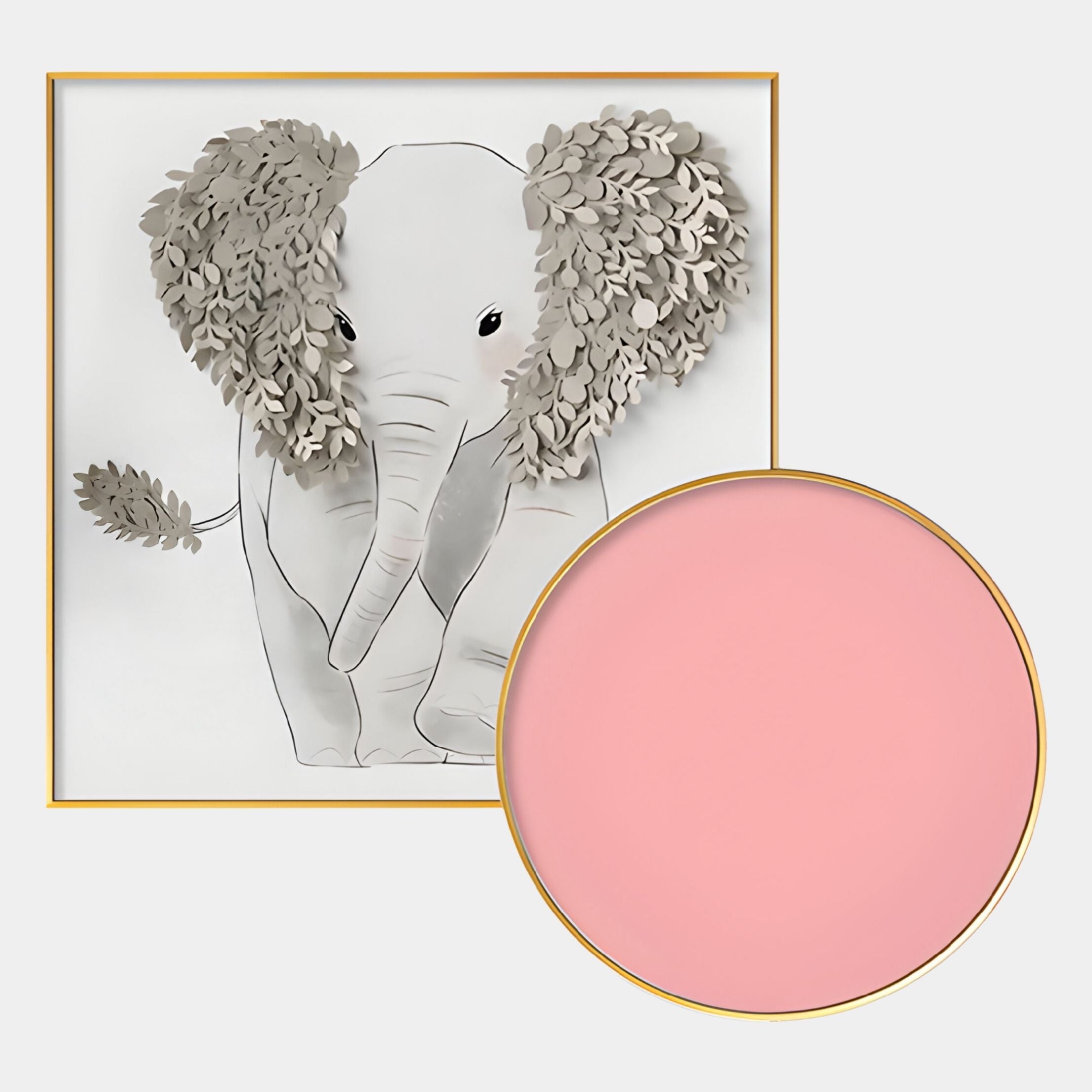 The Blossomkin Pink Petal Elephant Kids 3D Wall Art by Giant Sculptures displays a baby elephant with handmade paper leaf ears and tail next to a gold-rimmed pink circle—charming nursery decor for any light-toned room.