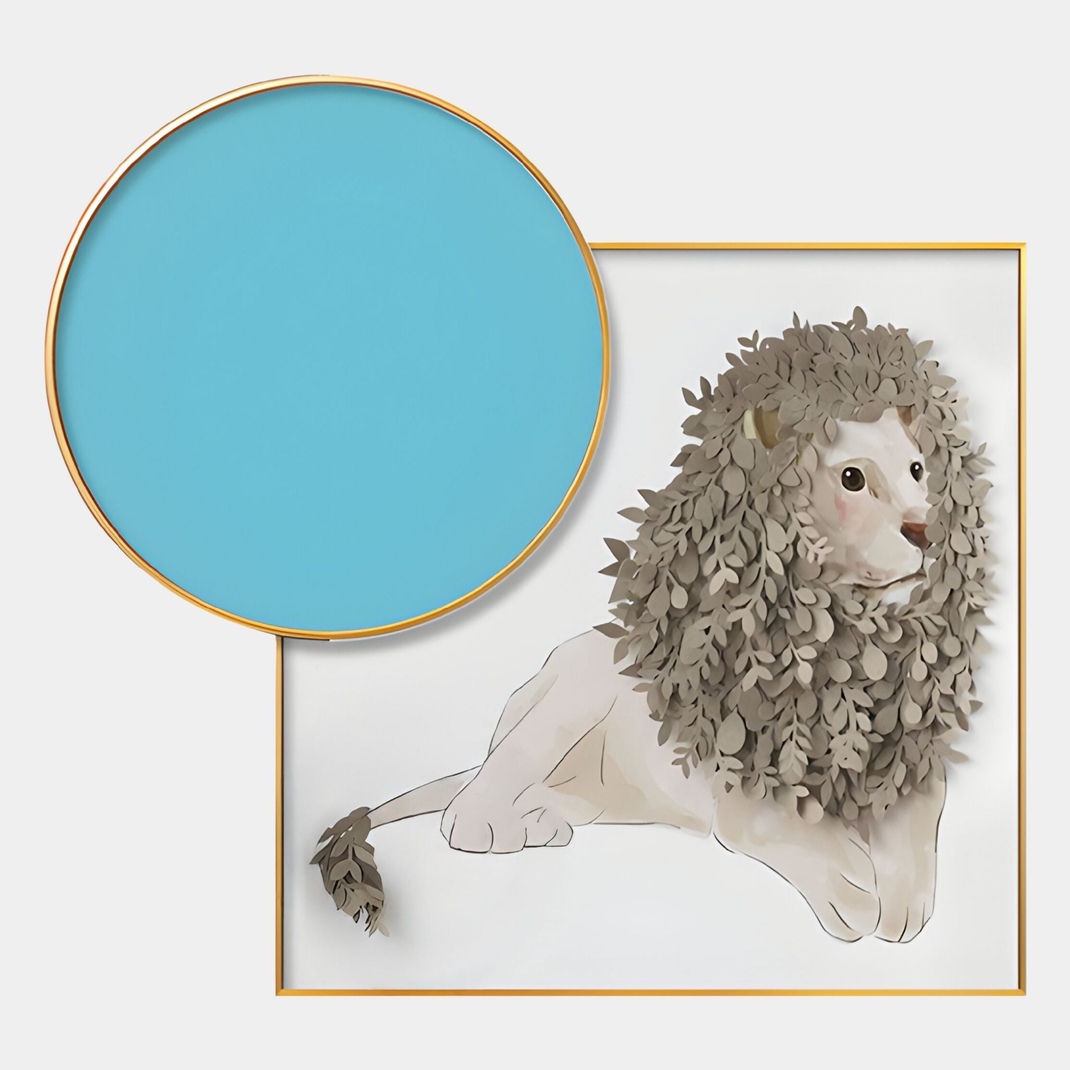 Blossomkin Blue Petal Lion Kids 3D Wall Art by Giant Sculptures features a lion with a leafy mane inside a gold-outlined square and an overlapping blue-gold circle—ideal Scandinavian-inspired decor for children's rooms.