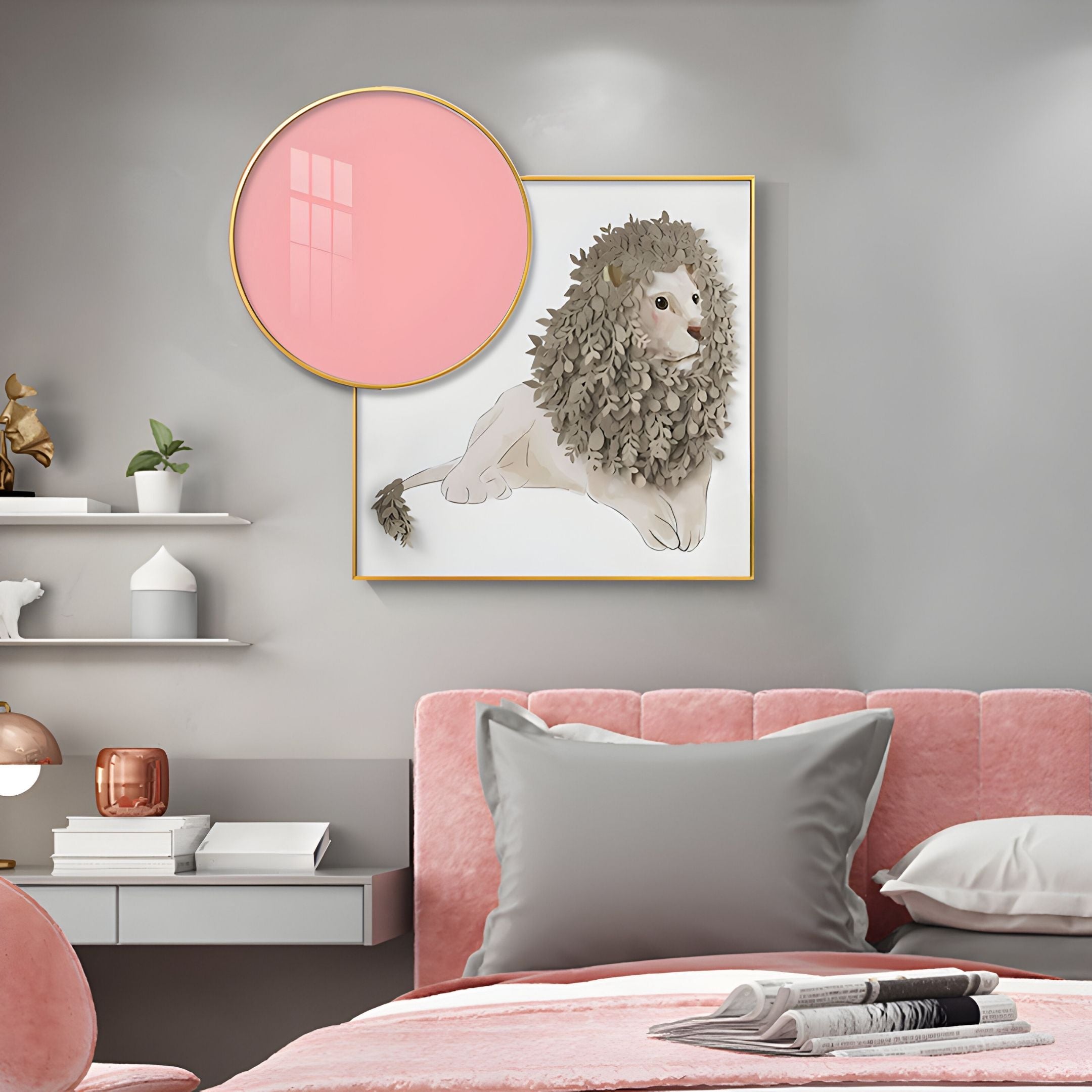 A modern bedroom with a pink and gray color scheme features a bed with pink bedding, a round pink-framed mirror, and the Blossomkin Pink Petal Lion Kids 3D Wall Art by Giant Sculptures above the bed. Decor shelves and nursery wall decor add style.