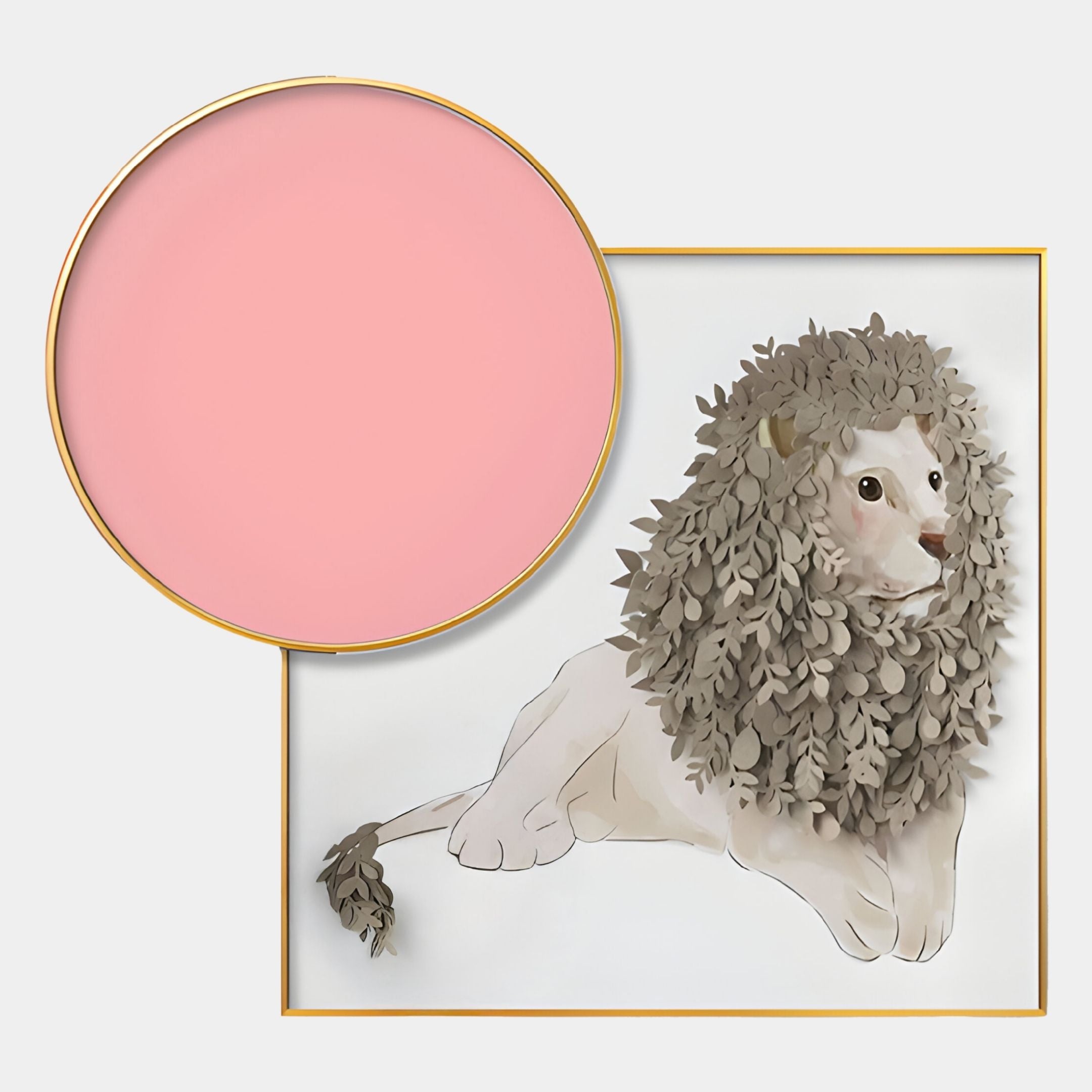 Blossomkin Pink Petal Lion Kids 3D Wall Art by Giant Sculptures features a digital pink lion with a leafy mane in a gold-bordered square and a pink circle detail, making it perfect for whimsical nursery wall decor.