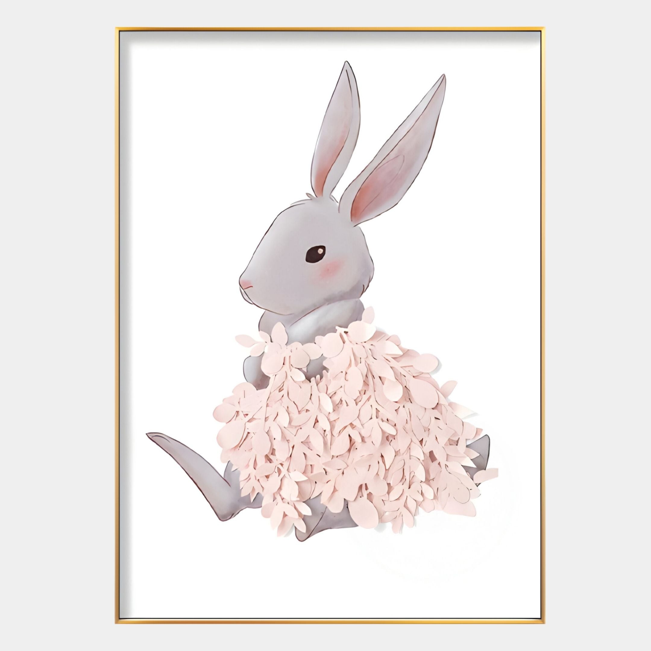 Blossomkin Bunny 3D Floral Wall Art by Giant Sculptures features a gray rabbit with pink-blushed cheeks and a soft pink flower petal skirt, making it perfect bunny nursery decor. Displayed on white with a thin gold frame.