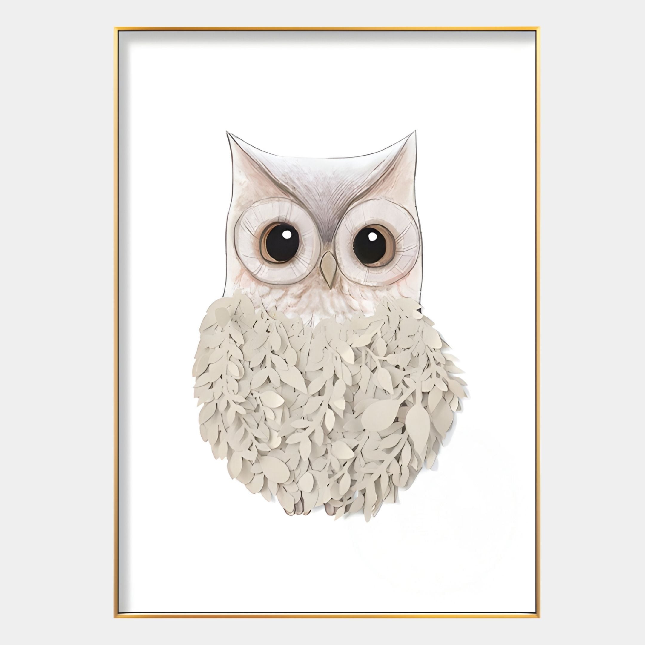 The Blossomkin Owl 3D Floral Wall Art by Giant Sculptures features an owl with large, round eyes and textured, leaf-like layers, framed in gold—making it perfect as nursery wall decor against a white background.