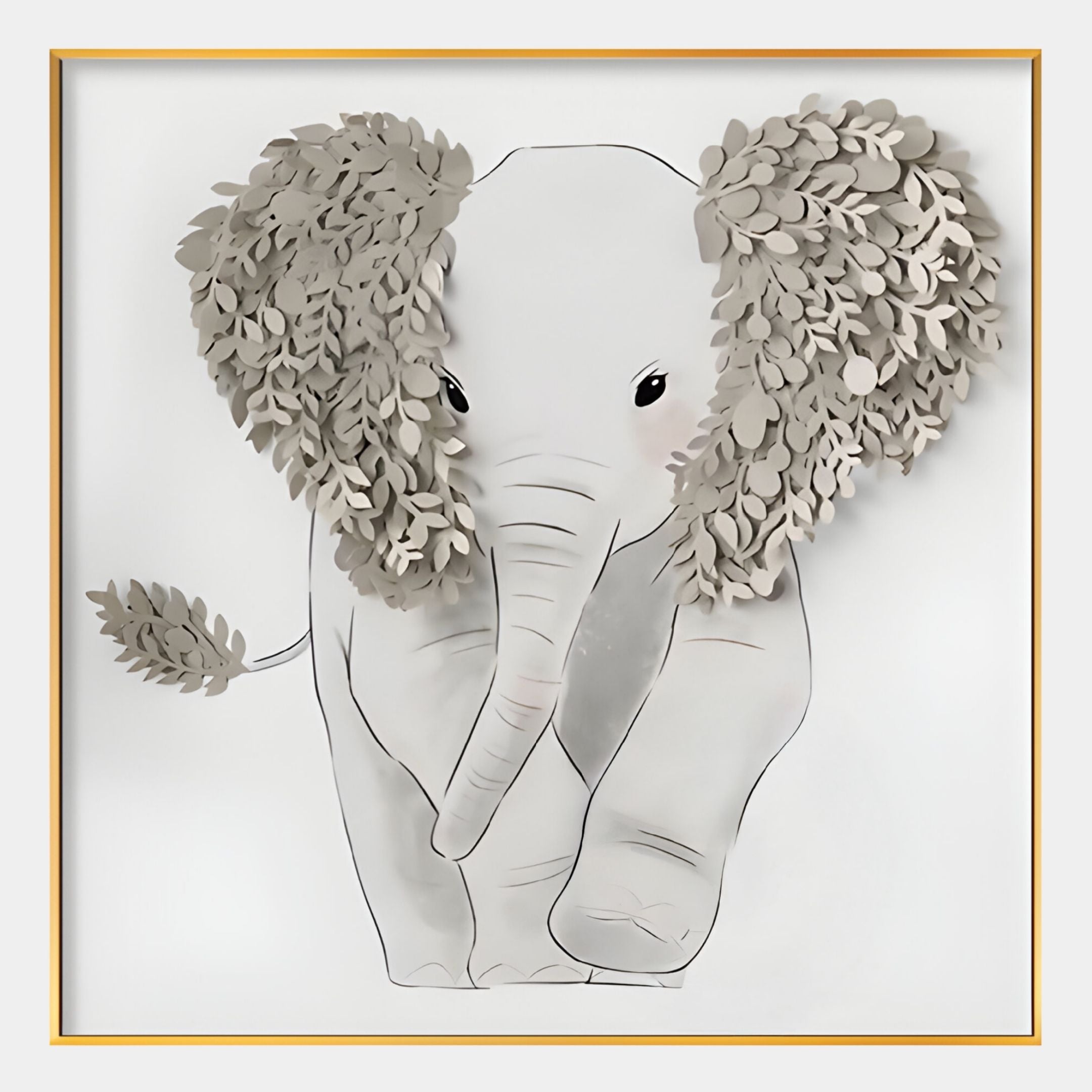 The Blossomkin Elephant 3D Floral Wall Art by Giant Sculptures features layered paper leaves for a 3D effect, gold-trimmed frame, and is ideal as nursery decor or children's bedroom artwork.