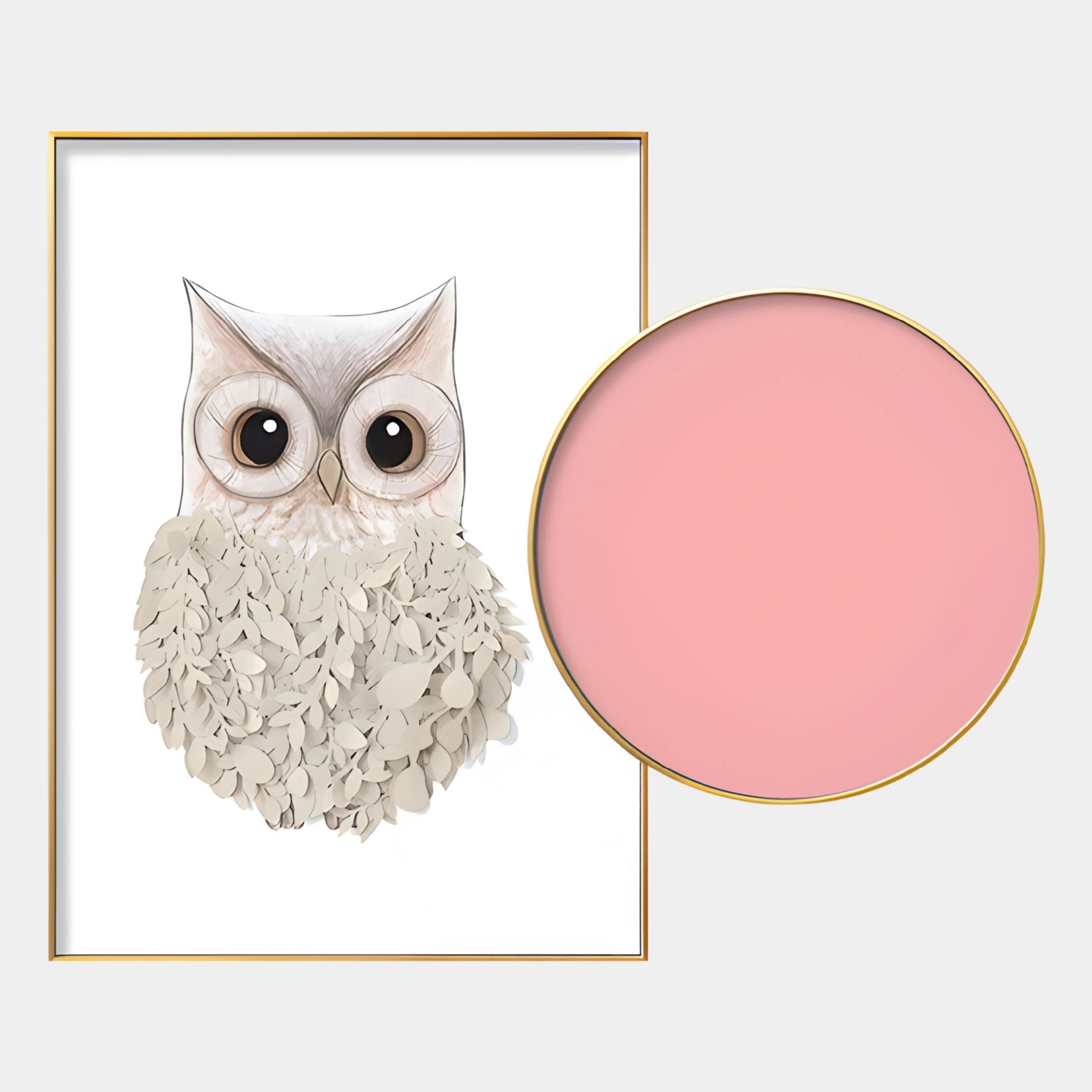 The Blossomkin Pink Petal Owl Kids 3D Wall Art by Giant Sculptures features a textured owl with large eyes, beside a gold-edged pink plate—charming nursery decor ideal for adding character to any room.
