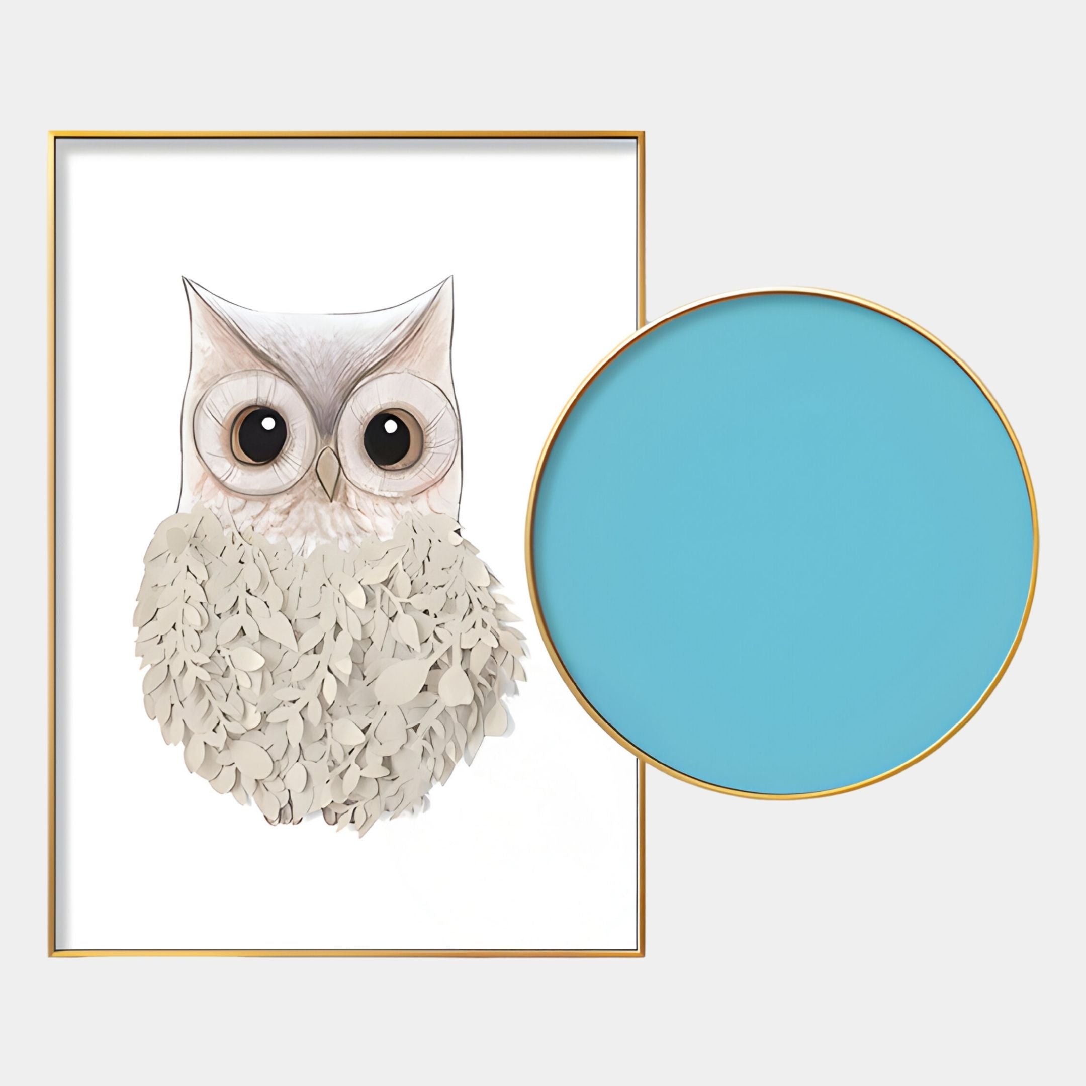 The Blossomkin Blue Petal Owl Kids 3D Wall Art by Giant Sculptures features a large-eyed owl with layered feathers in a gold-outlined frame, ideal as nursery decor, displayed beside a round empty frame on a solid light blue background.