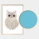 The Blossomkin Blue Petal Owl Kids 3D Wall Art by Giant Sculptures features a large-eyed owl with layered feathers in a gold-outlined frame, ideal as nursery decor, displayed beside a round empty frame on a solid light blue background.