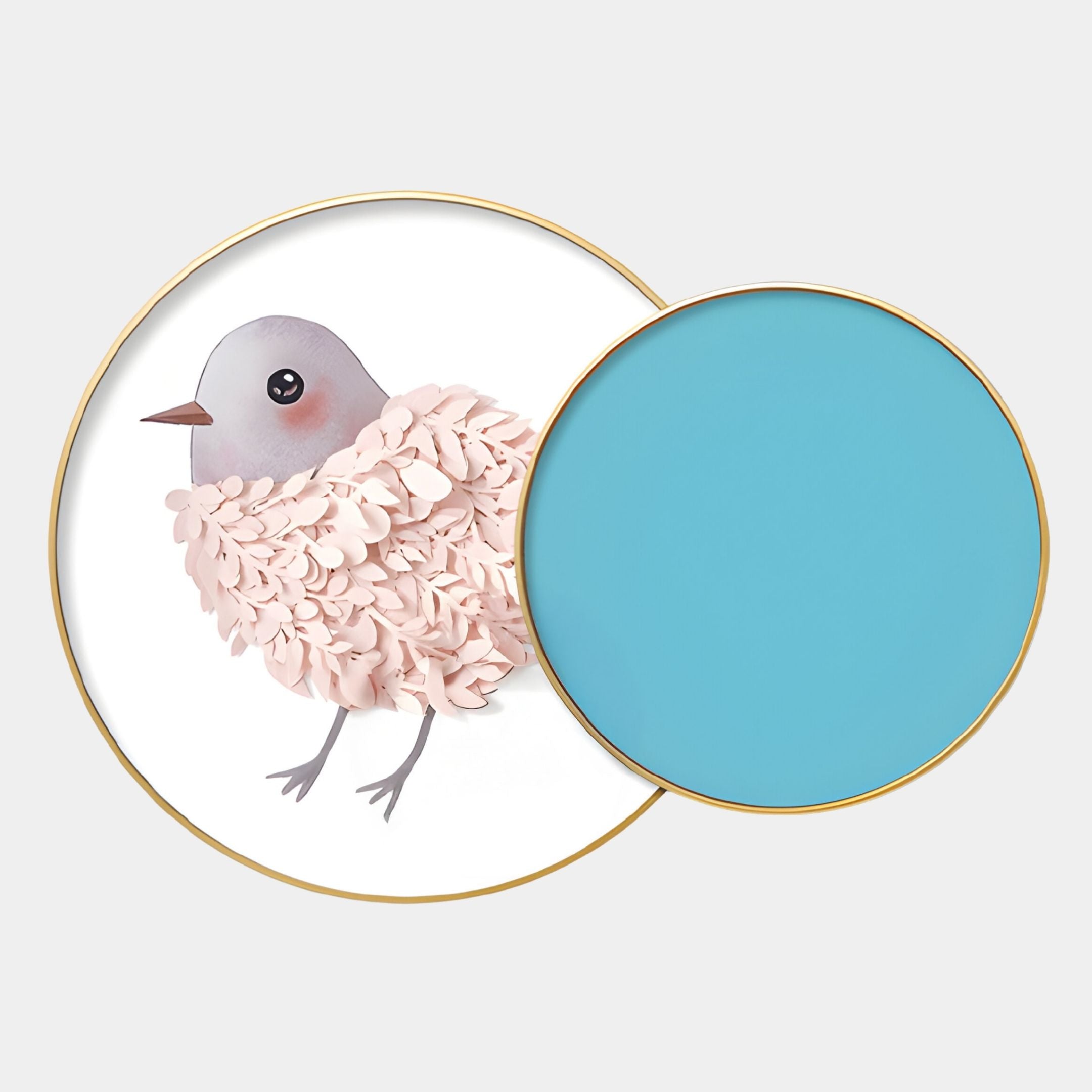 The Blossomkin Blue Petal Bird Kids 3D Wall Art by Giant Sculptures features a pastel bird with textured feathers and a smaller blue plate, both edged in gold—an ideal nursery wall decor piece.