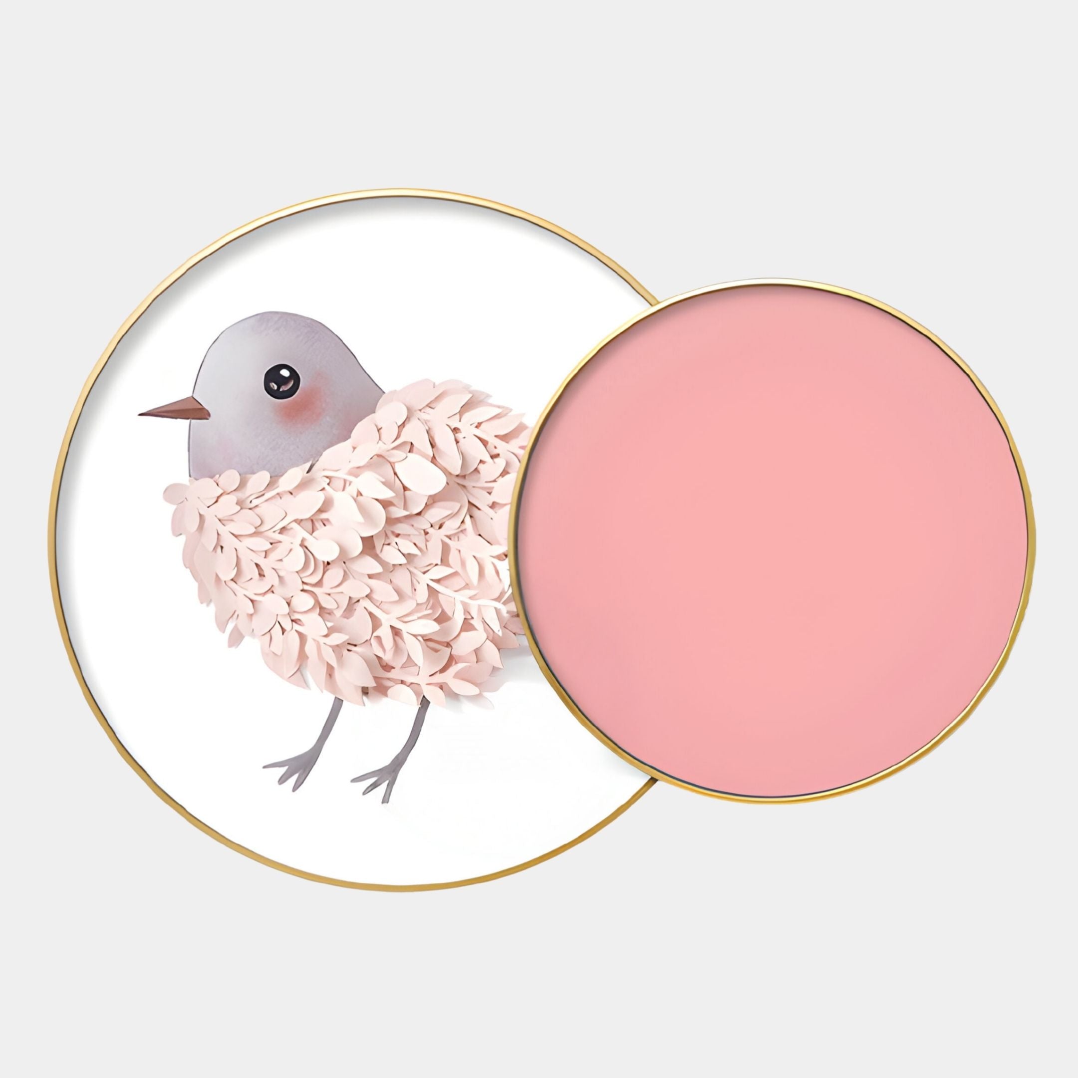 The Blossomkin Pink Petal Bird Kids 3D Wall Art by Giant Sculptures features two overlapping round plates—one with a pink petal bird illustration, one solid pink—both with gold rims. Perfect whimsical nursery or kids' wall decor.