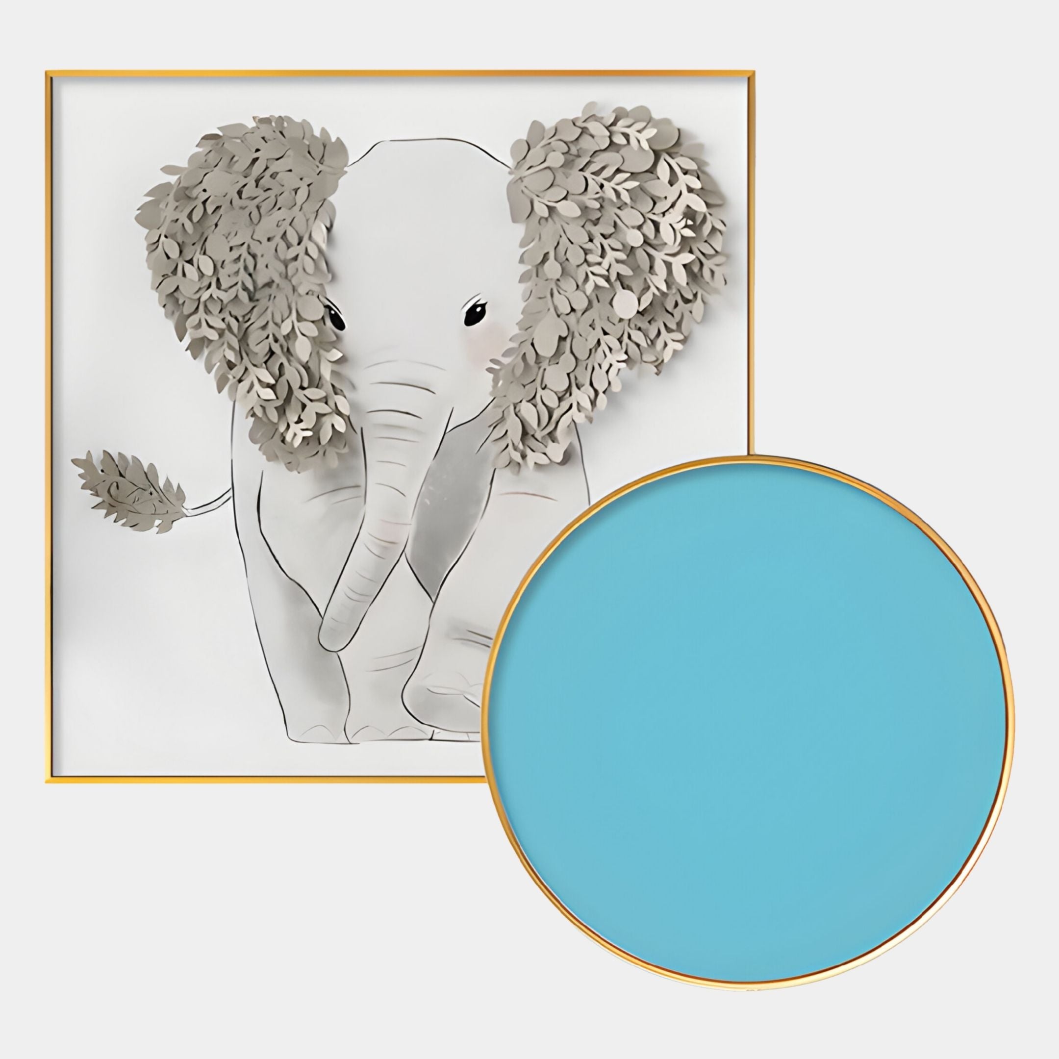 The Blossomkin Blue Petal Elephant Kids 3D Wall Art by Giant Sculptures features a gray elephant with textured, leafy ears and tail beside a blue mirror with gold rim—perfect nursery decor on a crisp white background.