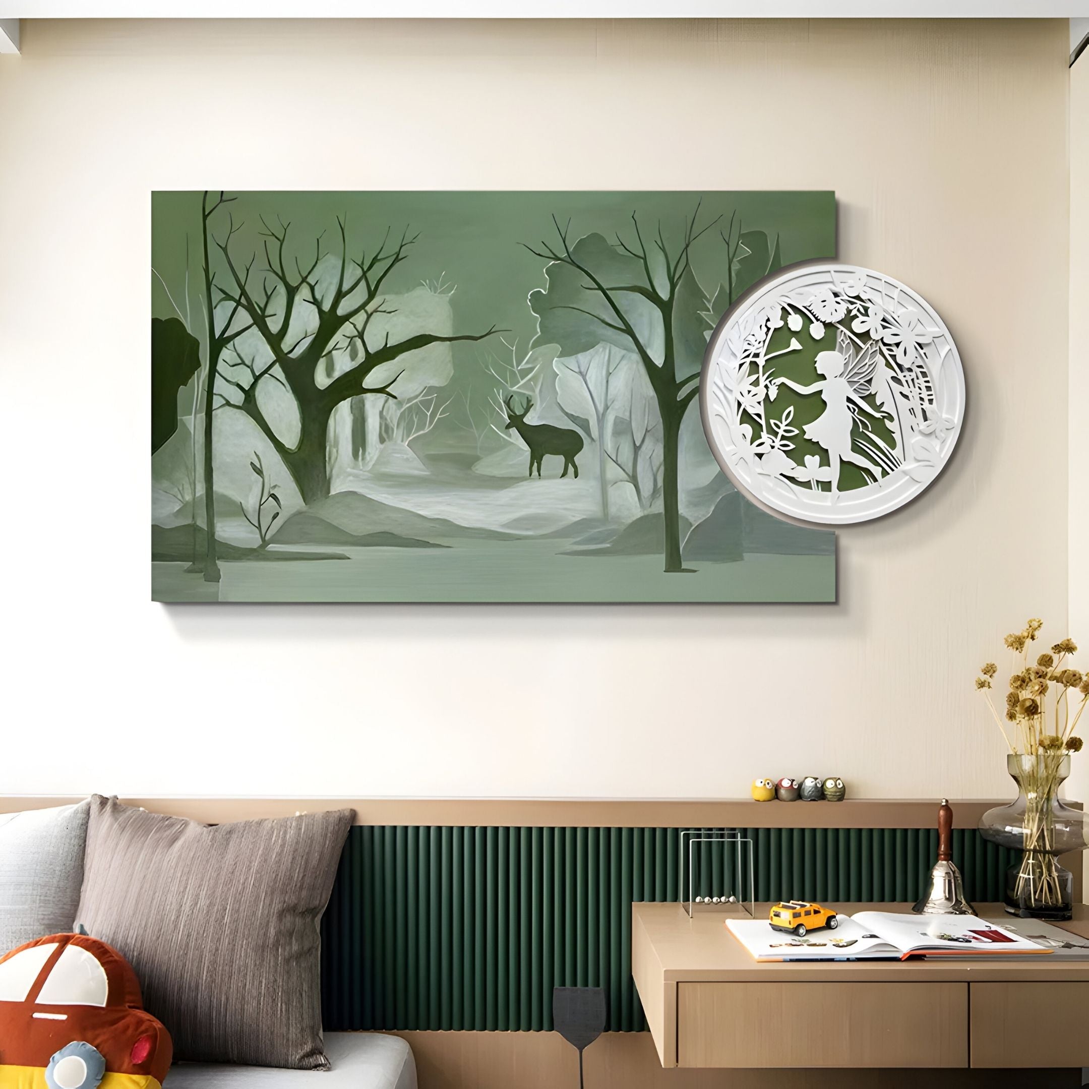 A children's room features Giant Sculptures' Everwyn Tales Forest Stag Fantasy Landscape 3D Wall Art above a desk with books and dried flowers. A plush toy on the sofa completes this enchanting, nature-themed decor.