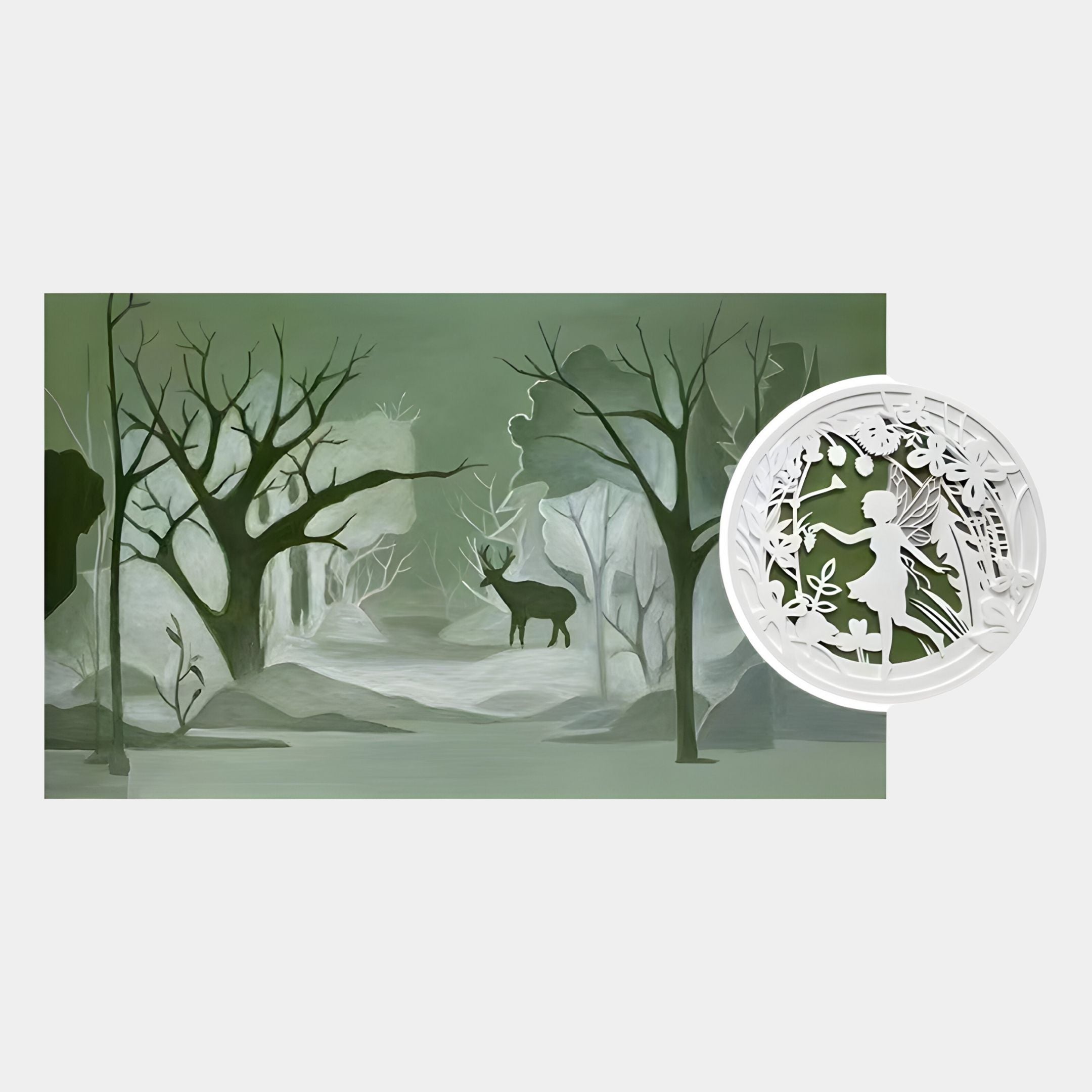 The Everwyn Tales Forest Stag Fantasy Landscape 3D Wall Art by Giant Sculptures features a green and white winter forest scene with bare trees, a stag, and paper-cut details—ideal fantasy decor for your space.