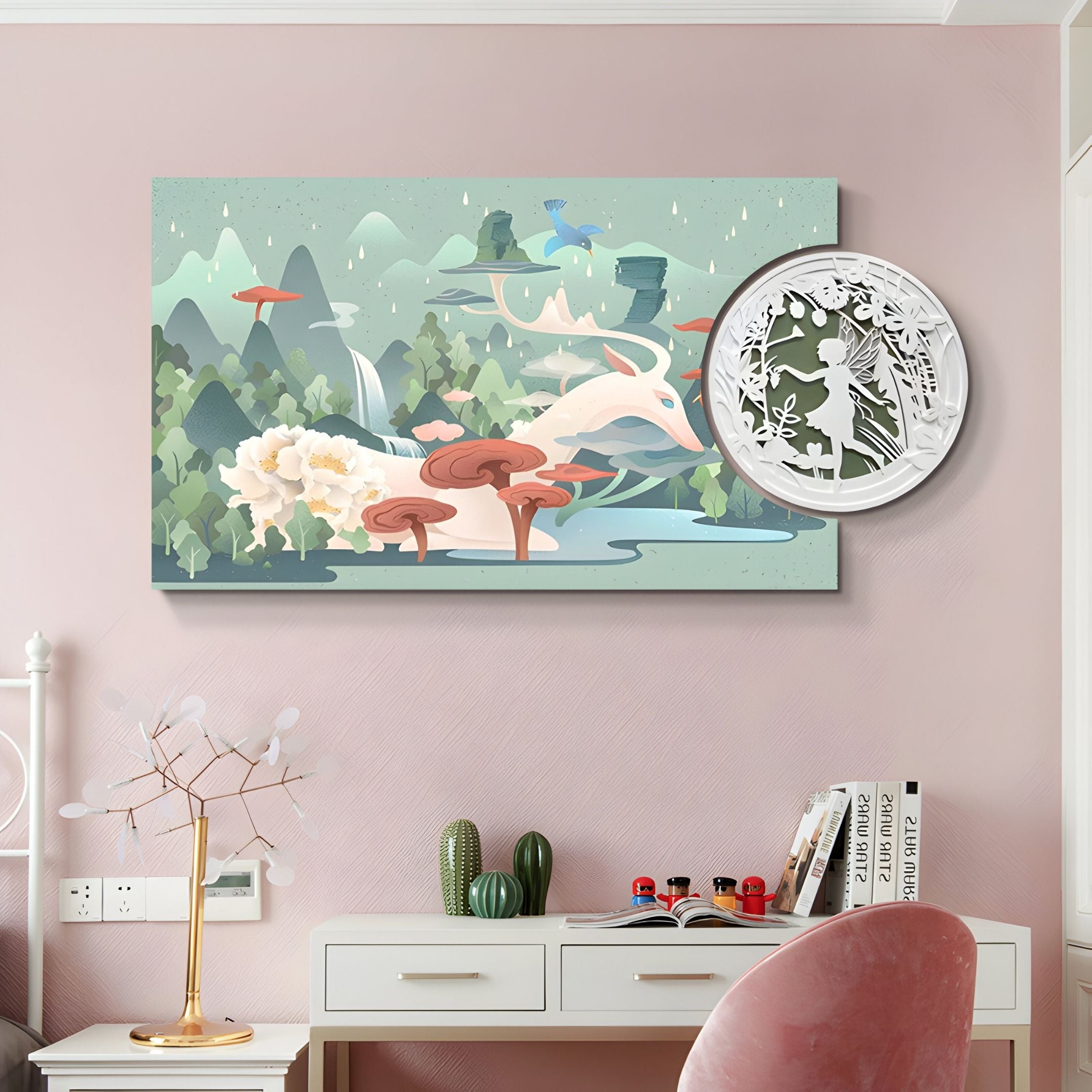 A pink children’s room features the Giant Sculptures Everwyn Tales Celestial Deer Enchanted Valley 3D Wall Art, a small white desk with books, potted cacti, and a tree-shaped lamp.