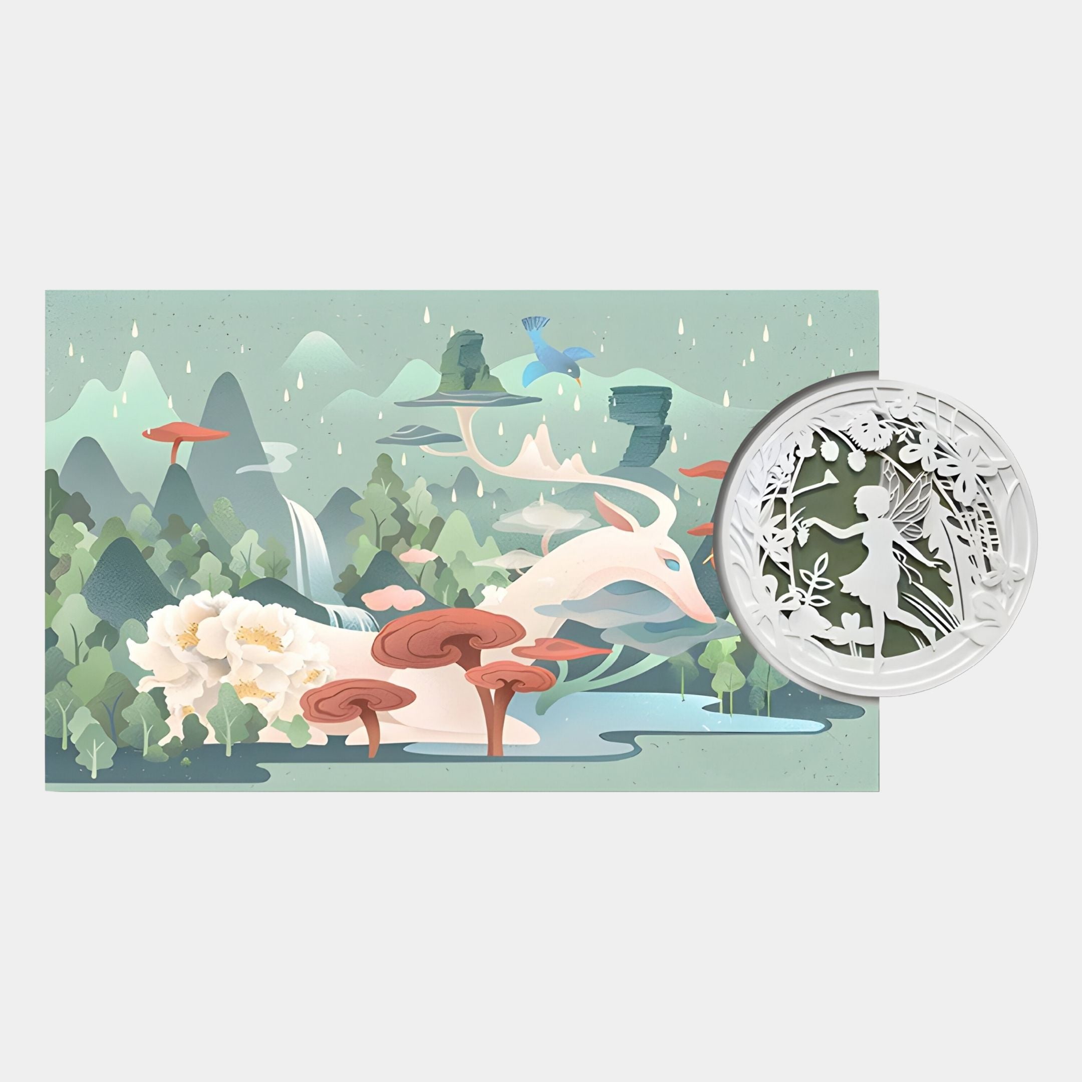An illustration of a mystical white dragon by a river in an enchanted valley with mountains, mushrooms, and trees. The right side features Giant Sculptures’ Everwyn Tales Celestial Deer Enchanted Valley 3D Wall Art overlapping the scene.