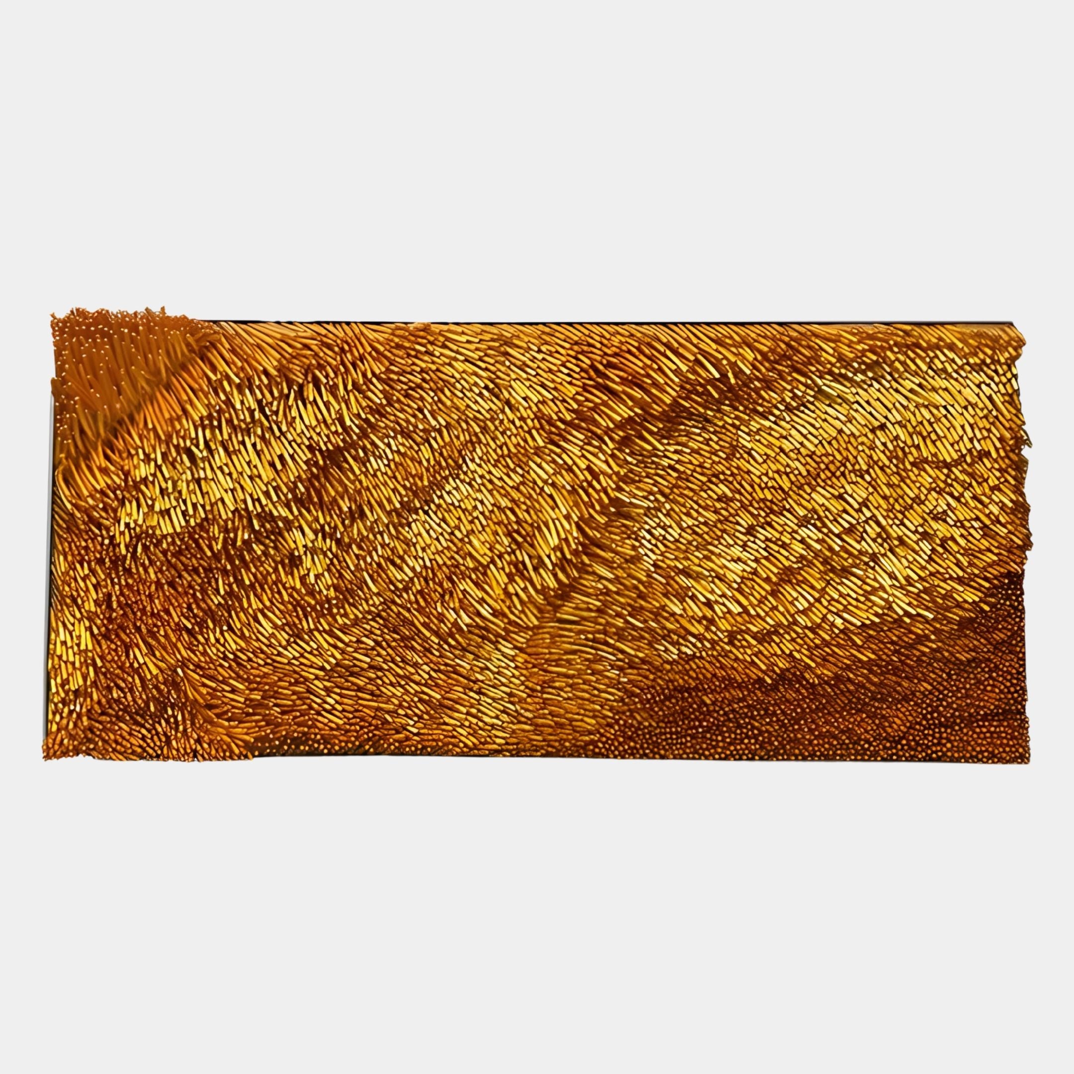 The Bristella Ember Gold Textured Large Panel 3D Wall Art by Giant Sculptures features upright golden pins in swirling patterns, creating a striking textured display—ideal for adding modern flair to interiors with a plain white backdrop.