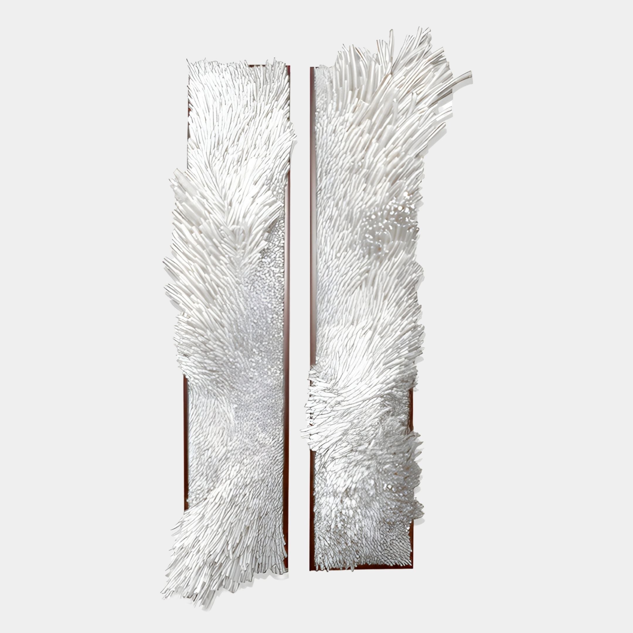 The Bristella White Textured 2-Panel 3D Wall Art by Giant Sculptures features dense white spikes for an abstract, feathery look—ideal as striking contemporary decor on light walls.