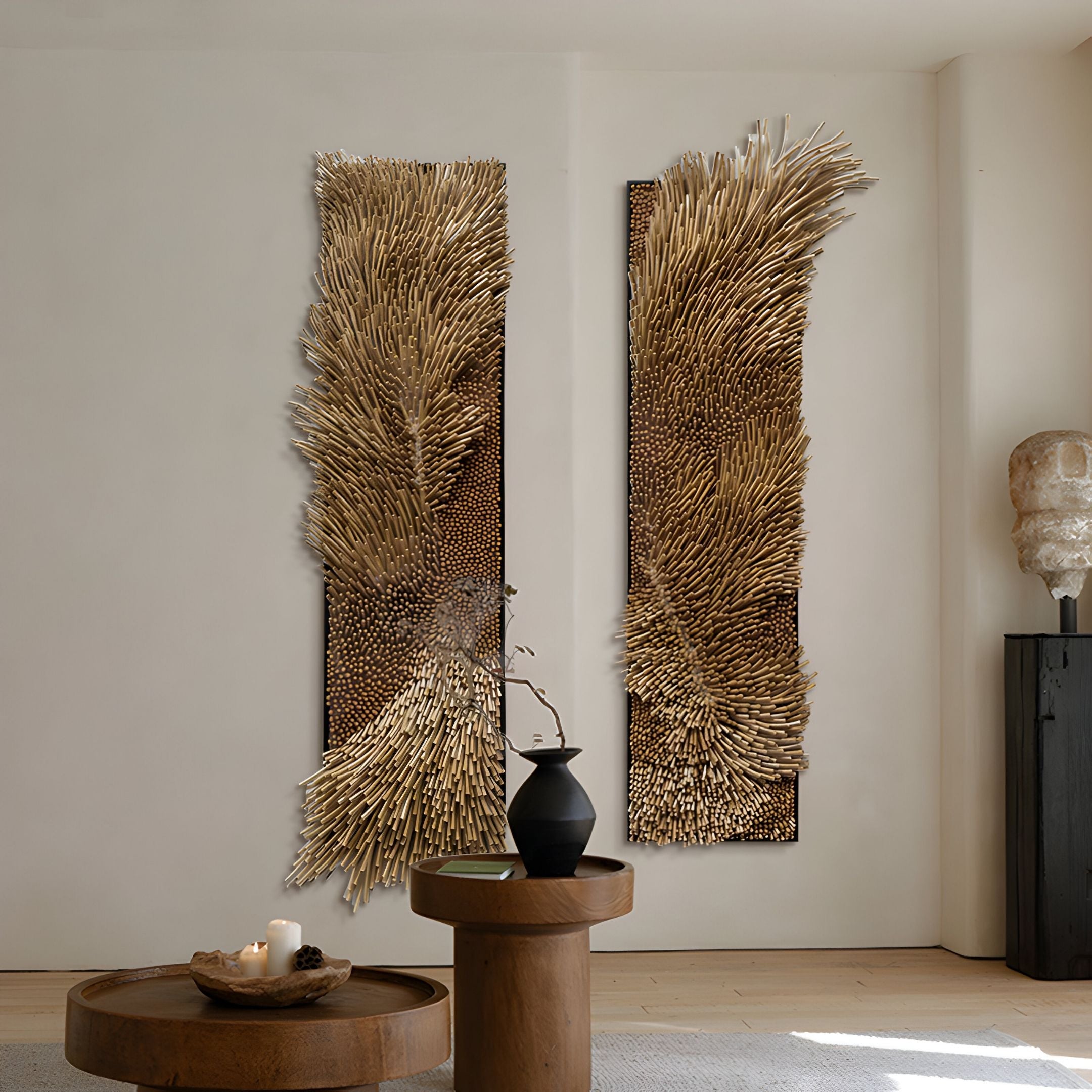 The Bristella Umber Brown Textured 2-Panel 3D Wall Art by Giant Sculptures hangs side by side in a modern, neutral-toned living space with minimalist furniture and decor.