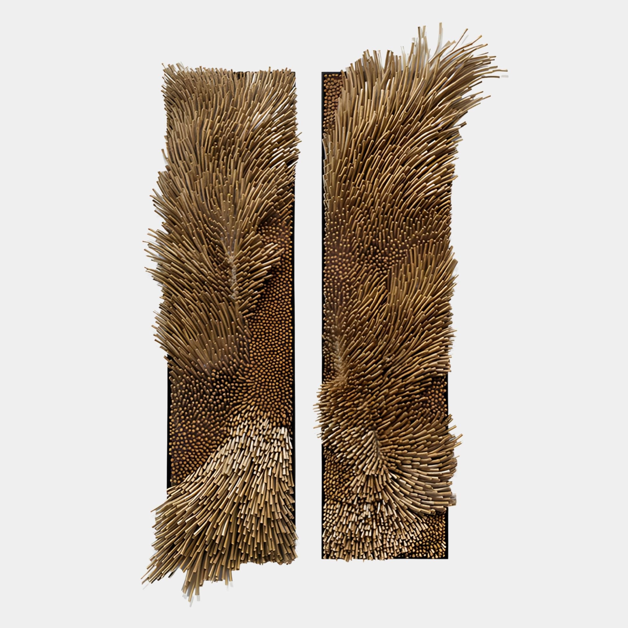 The Bristella Umber Brown Textured 2-Panel 3D Wall Art by Giant Sculptures features densely packed, uneven wooden sticks on two vertical panels, creating organic, wave-like textures and dynamic movement.