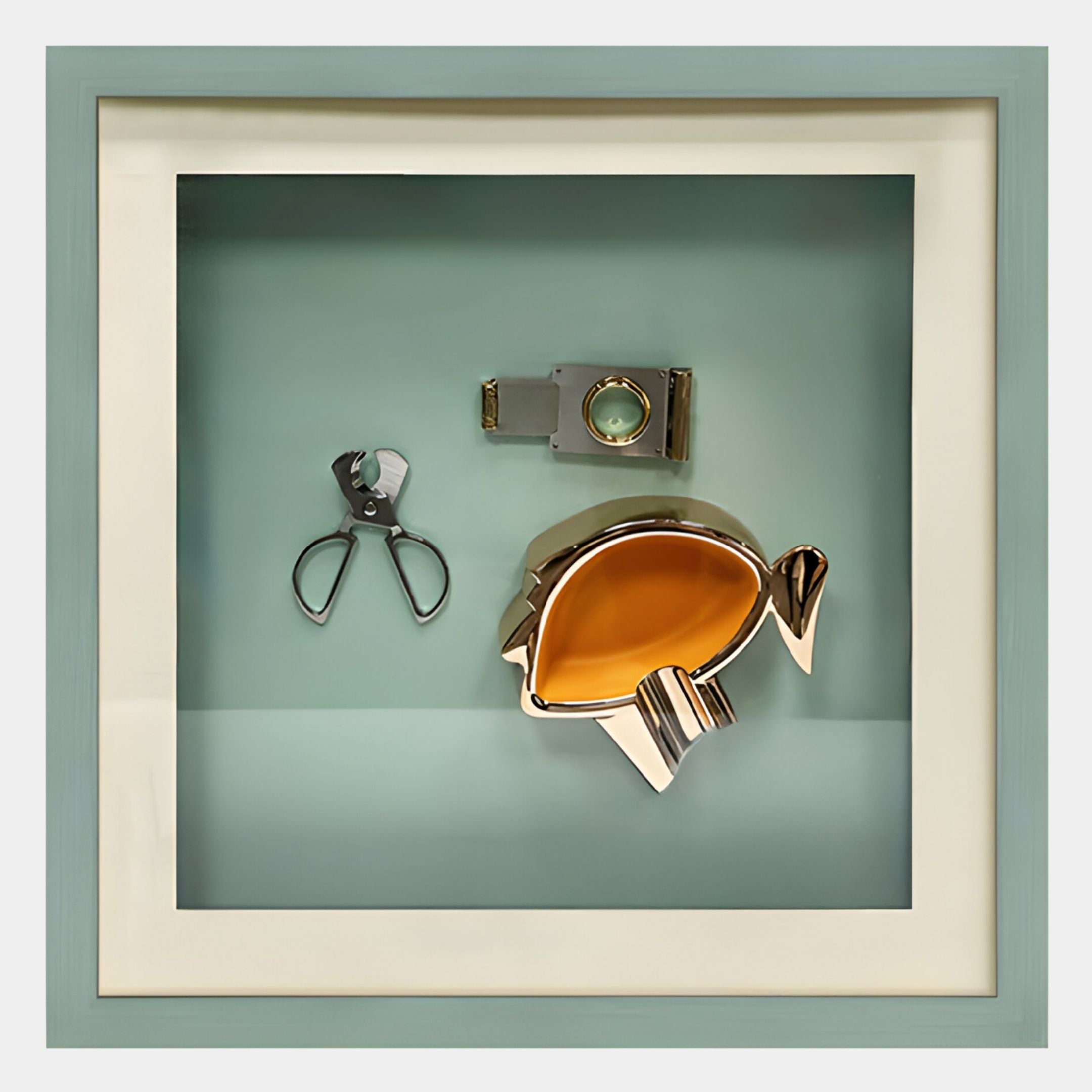 The Giant Sculptures Cavallero Aqua Cigar Tools & Metal Ashtray Framed Wall Art features unique objects and sculptural accents arranged as striking wall decor on a light blue background.