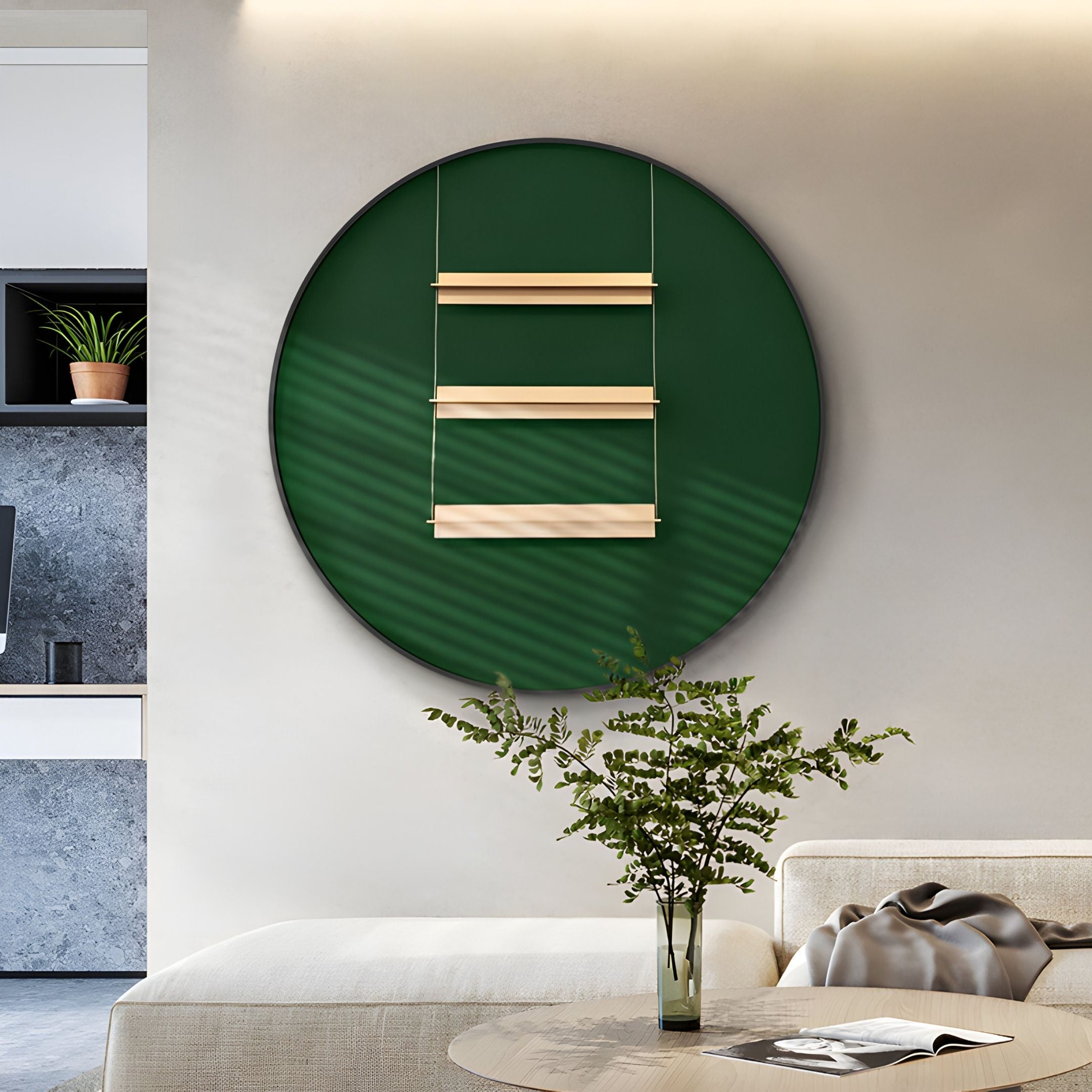 A modern living room featuring Giant Sculptures' Straylight Deep Green Tiered Bar Round 3D Wall Art, three wooden shelves, a beige sofa, a coffee table with an open magazine, a potted plant, and built-in shelves with contemporary decor.
