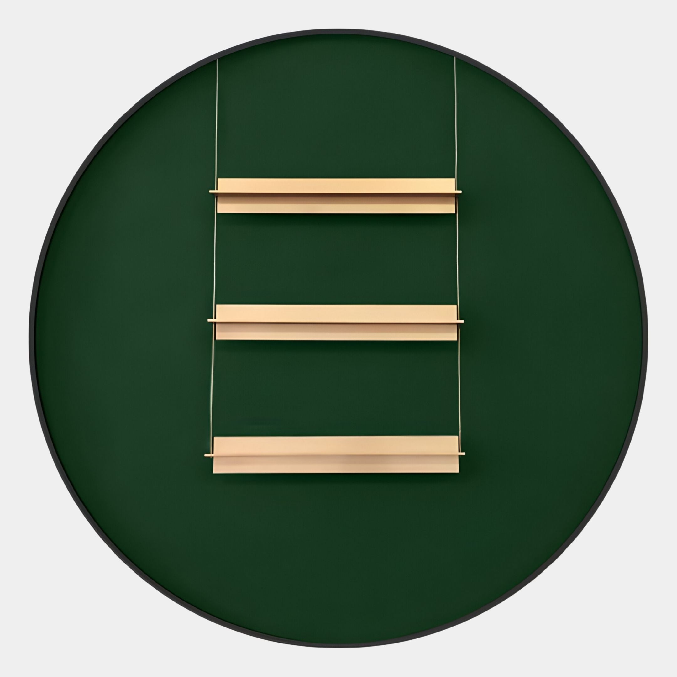 The Straylight Deep Green Tiered Bar Round 3D Wall Art by Giant Sculptures features three parallel wooden shelves suspended on a deep green circular background, blending minimalistic and geometric design for striking contemporary decor.