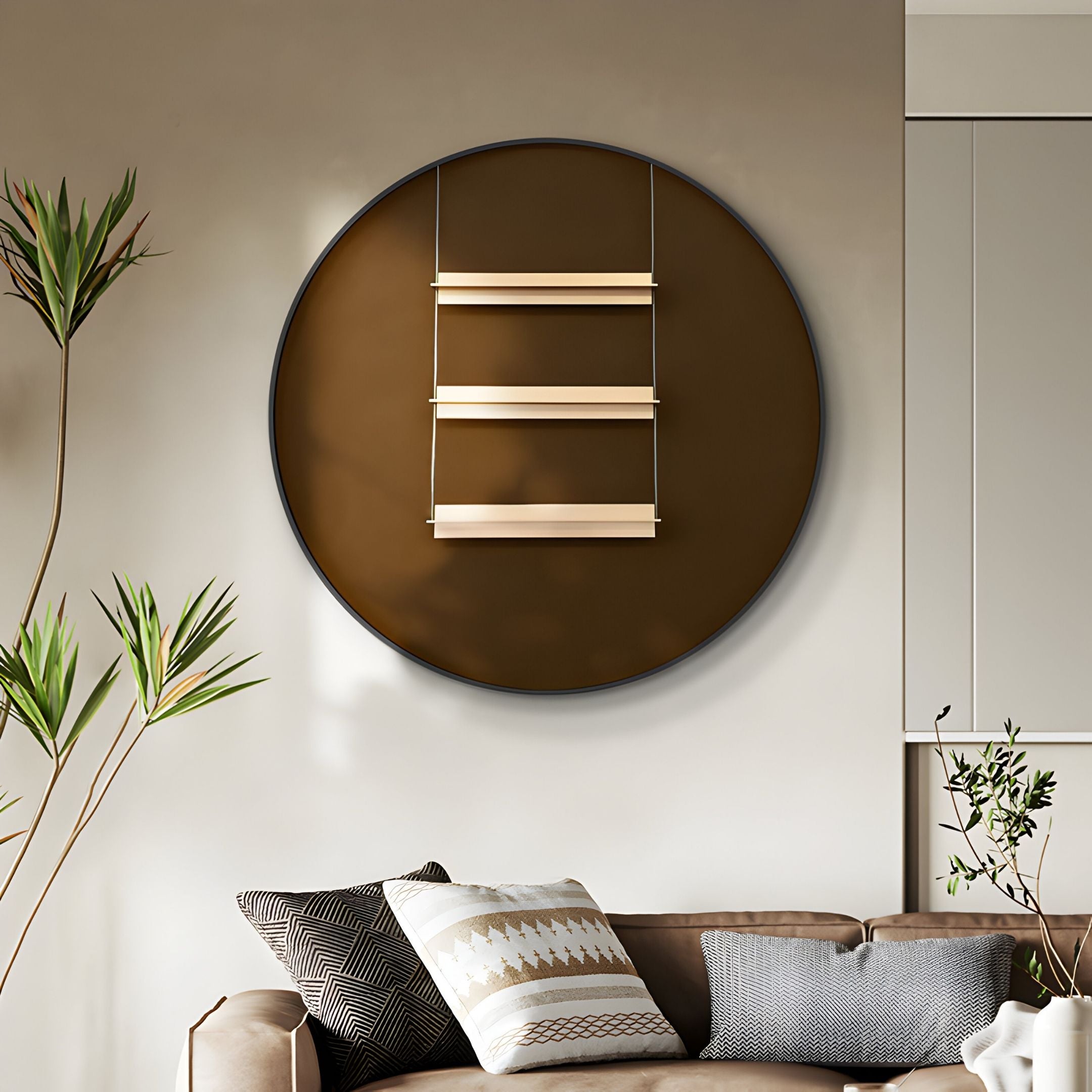 A modern living room features the Giant Sculptures Straylight Umber Brown Tiered Bar Round 3D Wall Art above a beige sofa with patterned pillows, minimalist wooden shelves, and plants for inviting, modern decor.