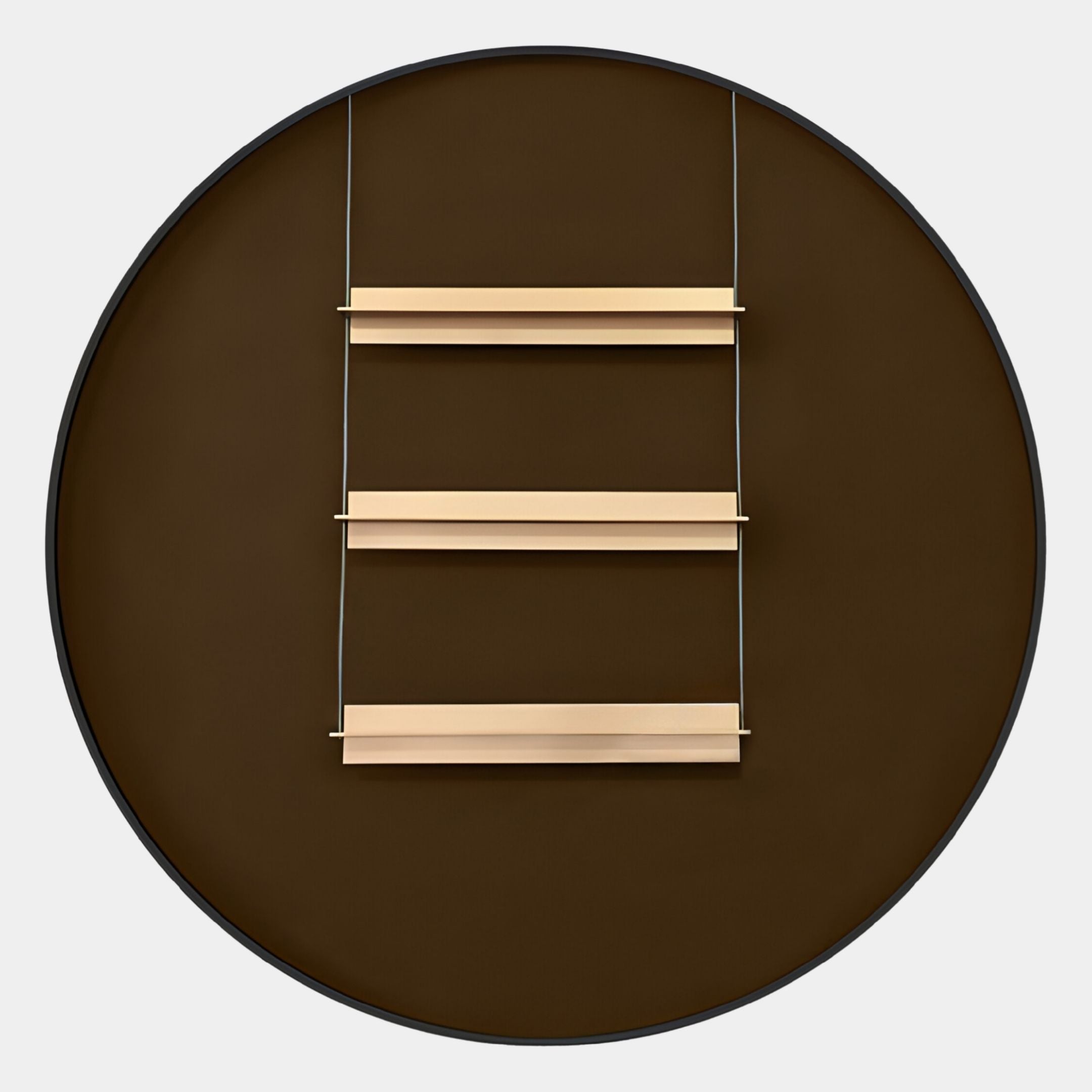 The Straylight Umber Brown Tiered Bar Round 3D Wall Art by Giant Sculptures features three light wood shelves on umber brown with slim metal rods—perfect modern decor for a minimalist look.