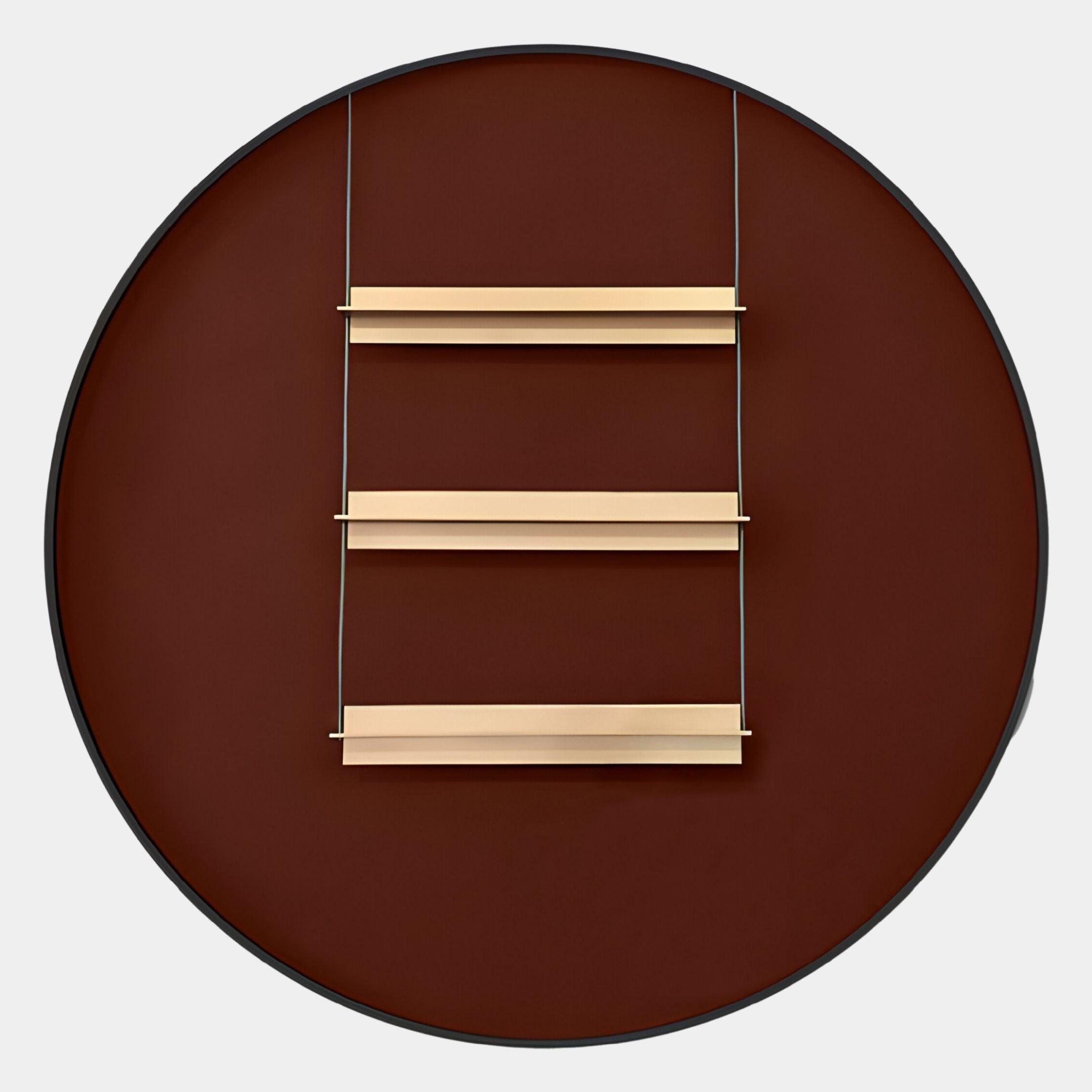 The Straylight Terracotta Red Tiered Bar Round 3D Wall Art by Giant Sculptures features three light wooden shelves suspended on thin black wires, combining minimalist modern design with a dark reddish-brown finish.