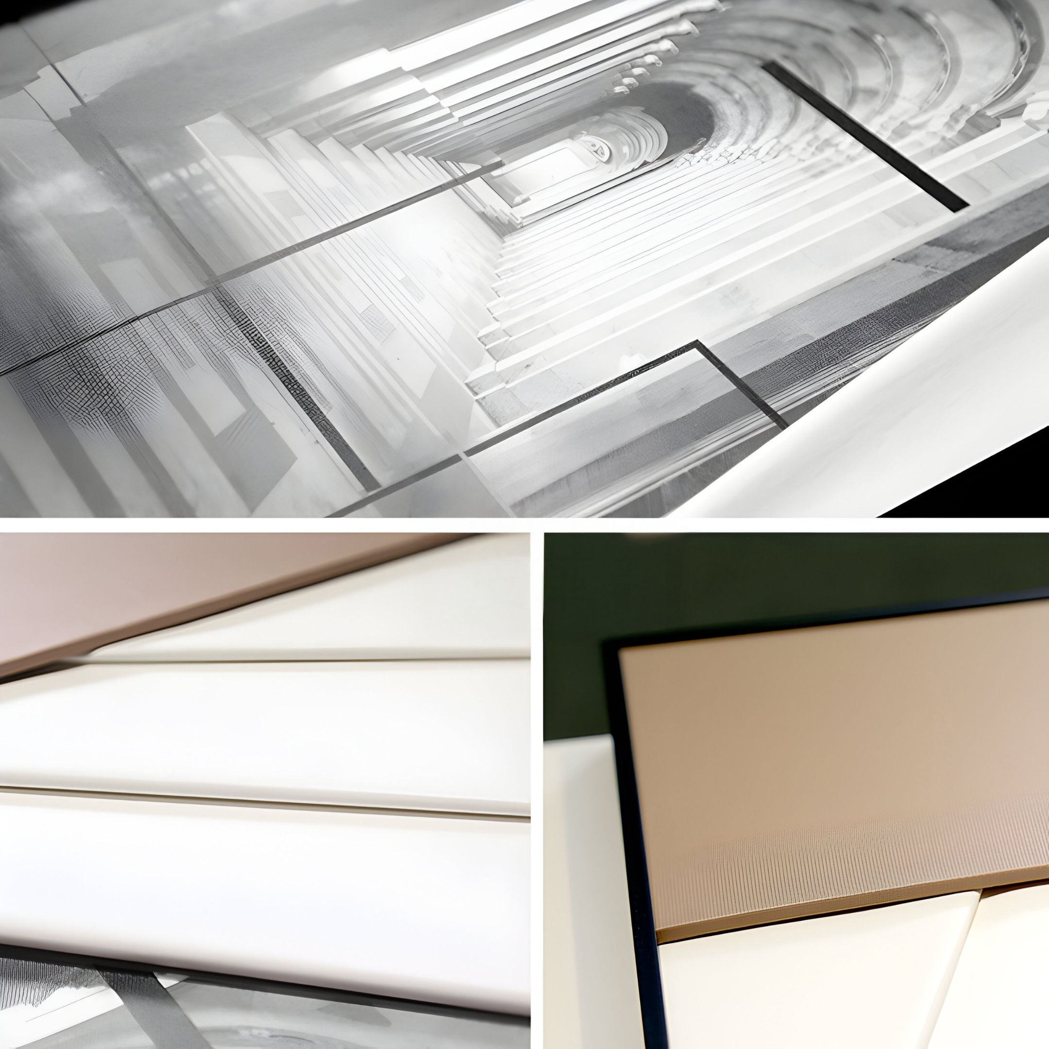 A collage featuring Giant Sculptures' Arclustre Sand & White Draped Corridor 3D Wall Art: a futuristic tunnel interior above, layered white and beige surfaces at lower left, and overlapping beige, white, and black panels at lower right.