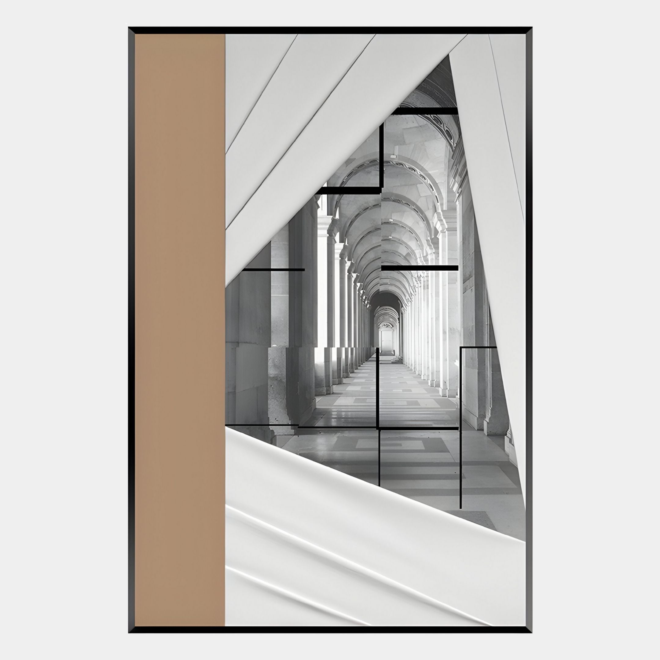Arclustre Sand & White Draped Corridor 3D Wall Art by Giant Sculptures features a black-and-white arched hallway with layered white, tan, and grid accents in a black frame—modern architectural decor for contemporary spaces.