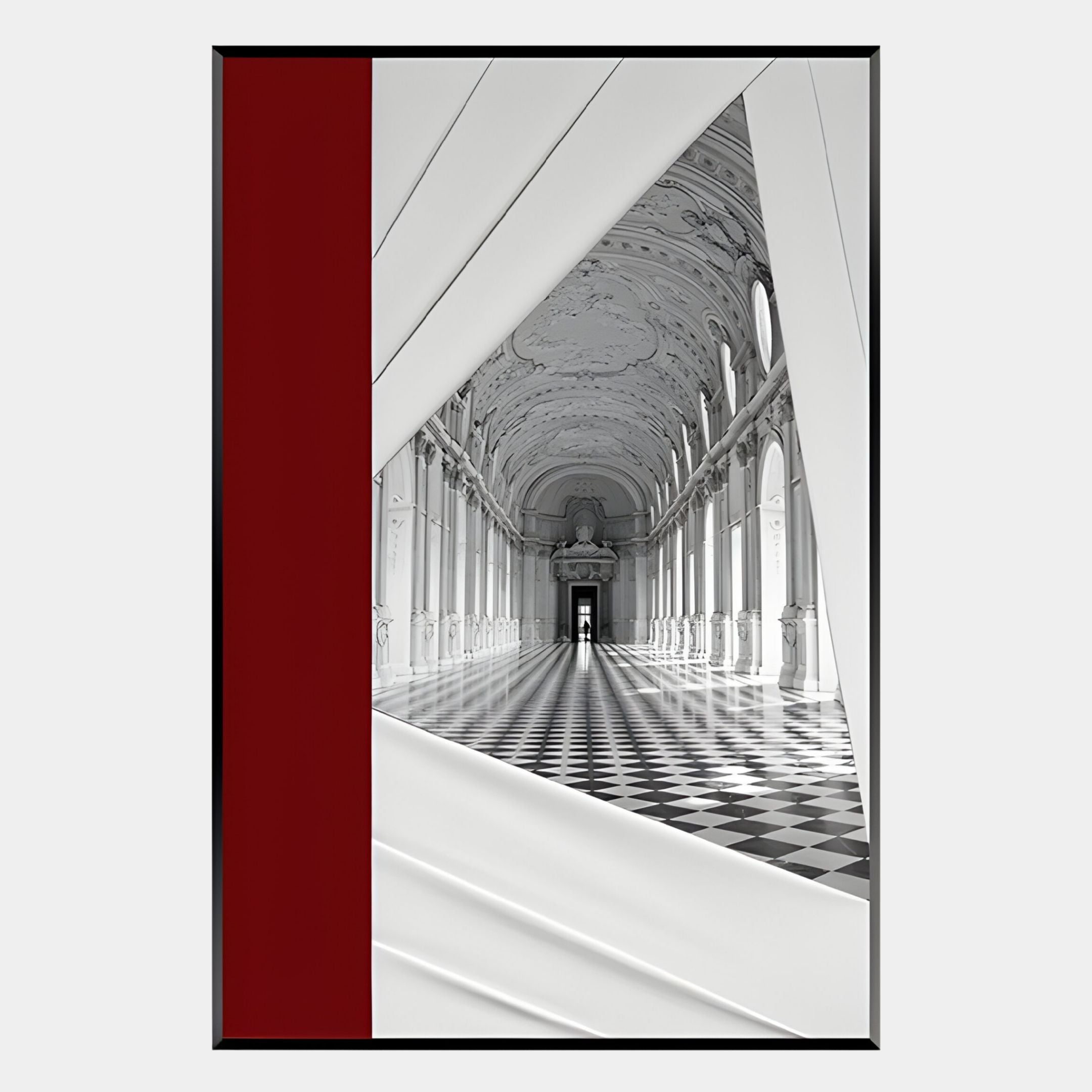 The Arclustre Red & White Grand Hall Perspective 3D Wall Art from Giant Sculptures features an ornate, arched hallway in black and white with a checkered floor, overlaid by diagonal white shapes and a vertical red stripe for a striking contemporary effect.