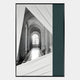 The Arclustre Teal & White Archway Perspective 3D Wall Art by Giant Sculptures features a black-and-white arched hallway with checkered floors, accented by diagonal white shapes and a vertical dark green stripe, illuminated by window light.