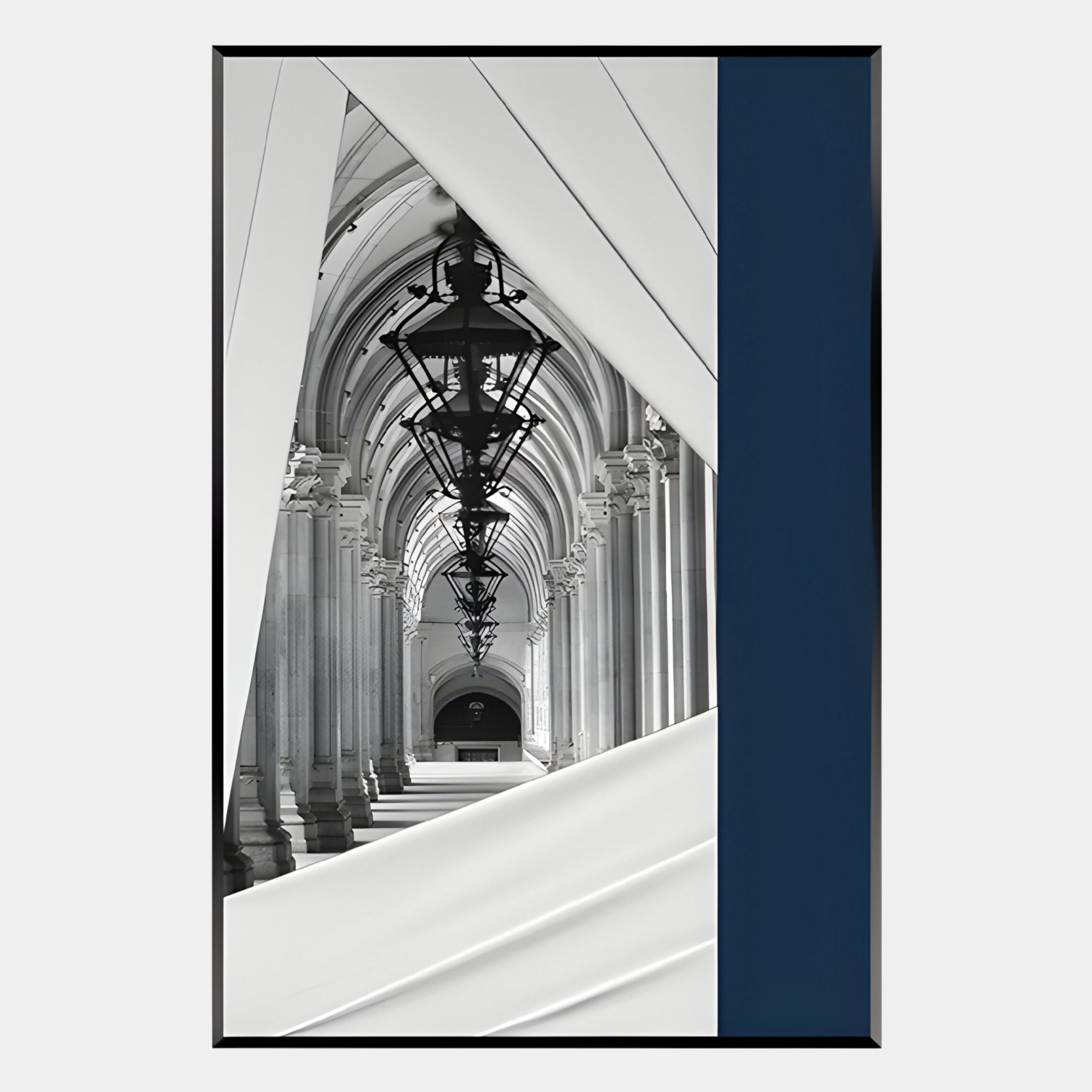 The Arclustre Navy & White Lantern Arcade 3D Wall Art by Giant Sculptures features a black-and-white arched hallway with ornate columns, hanging lanterns, diagonal white shapes, and a vertical navy blue stripe on the right.