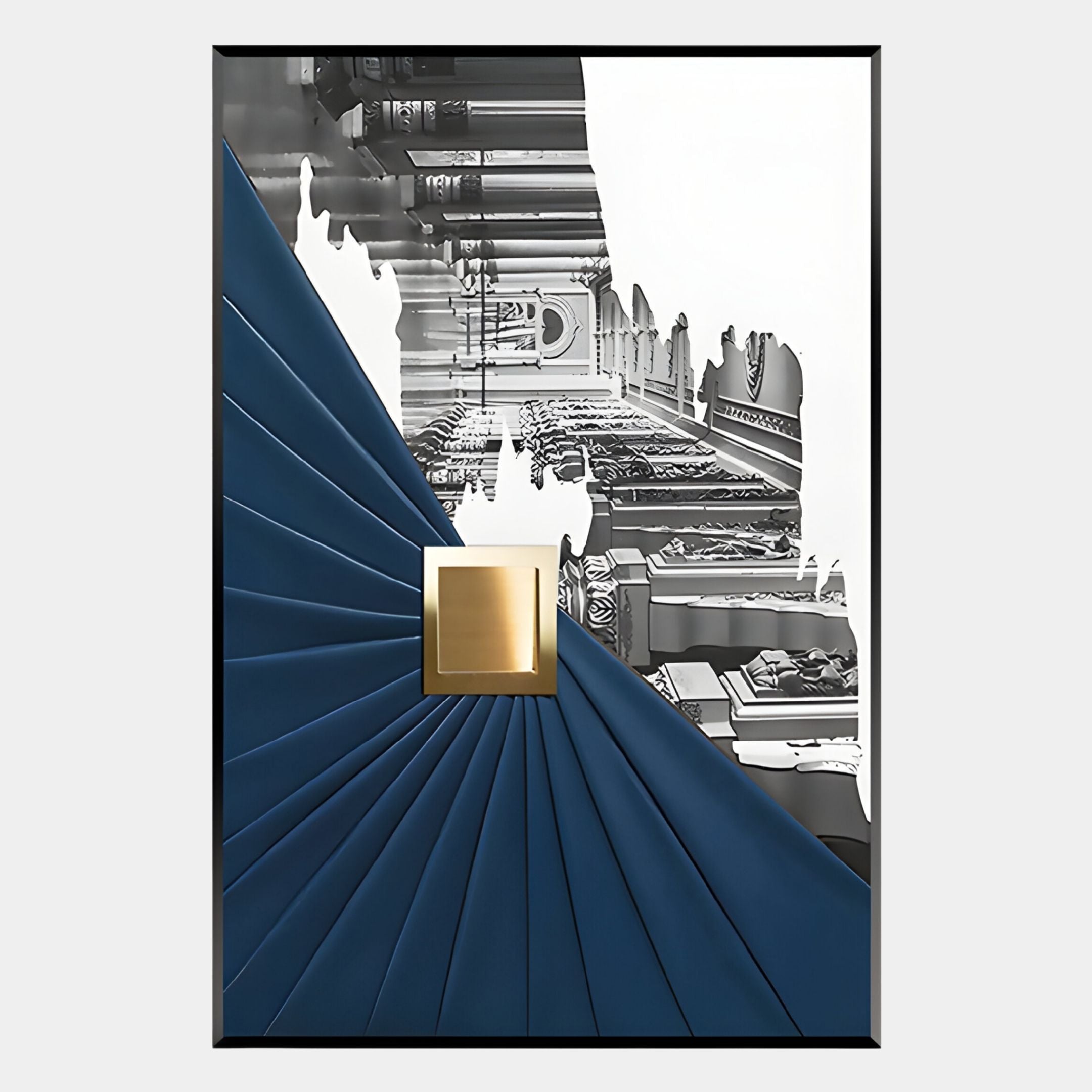 The Arclustre Navy Pleated Leather Architectural 3D Wall Art by Giant Sculptures features a black-and-white architectural background, navy pleated leather elements, a gold square centerpiece, and a sleek black frame.