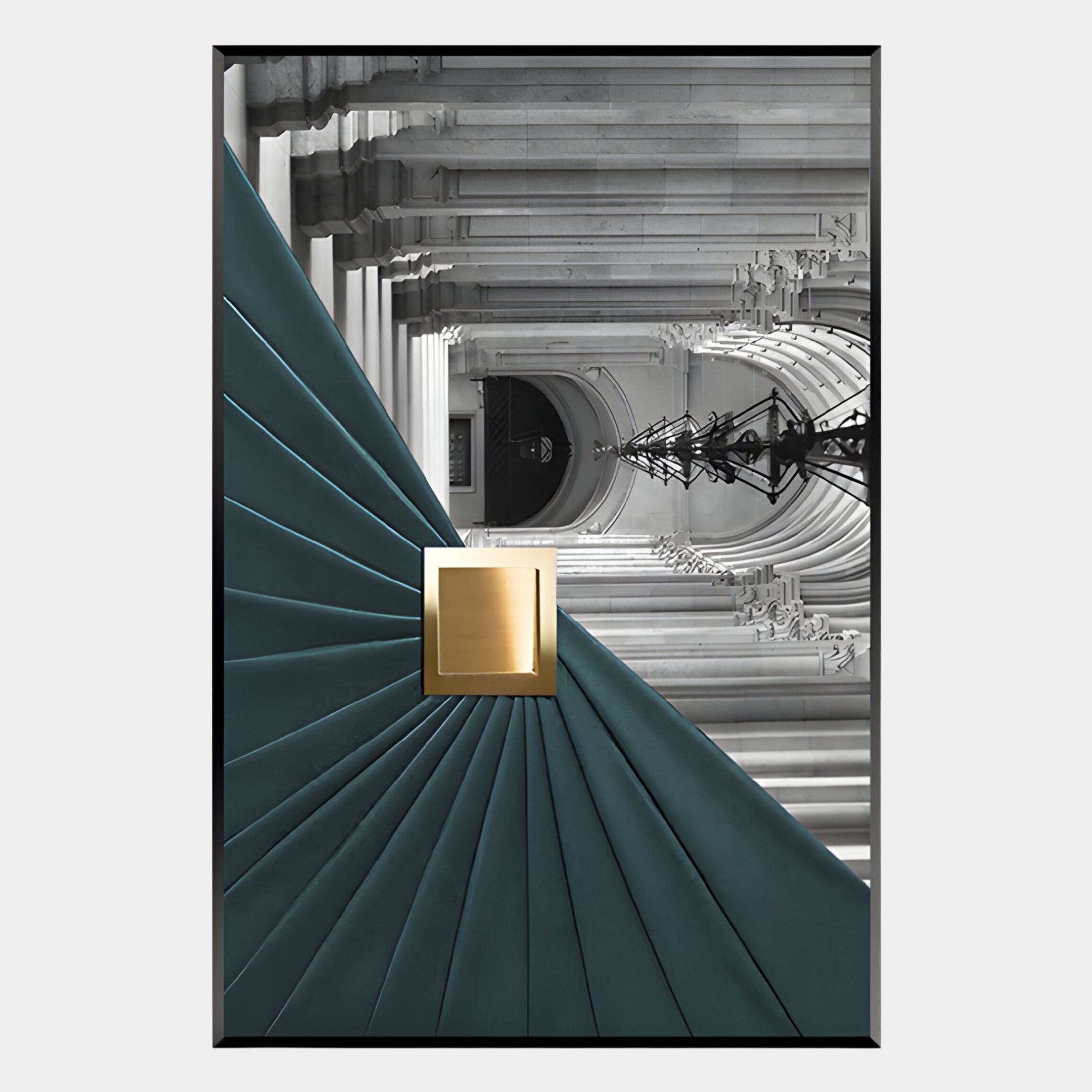 The Arclustre Teal Pleated Leather Architectural 3D Wall Art by Giant Sculptures features pleated teal leather converging at a gold square atop an ornate grayscale archway—an ideal statement piece for contemporary wall decor.