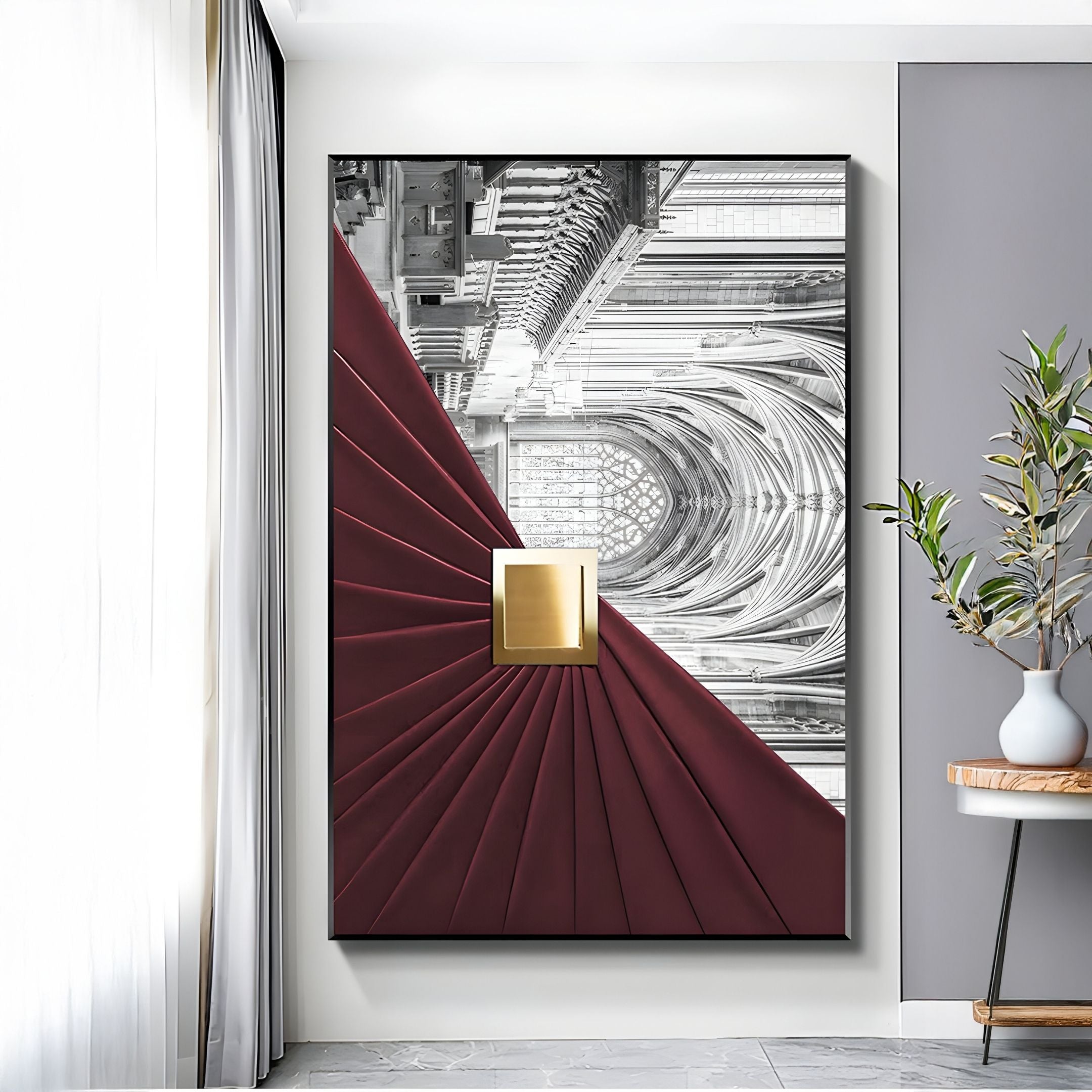 The Arclustre Burgundy Pleated Leather Architectural 3D Wall Art by Giant Sculptures features maroon diagonal pleats, a gold square accent, and grayscale architectural design—perfect for minimalist spaces with plants and small tables.